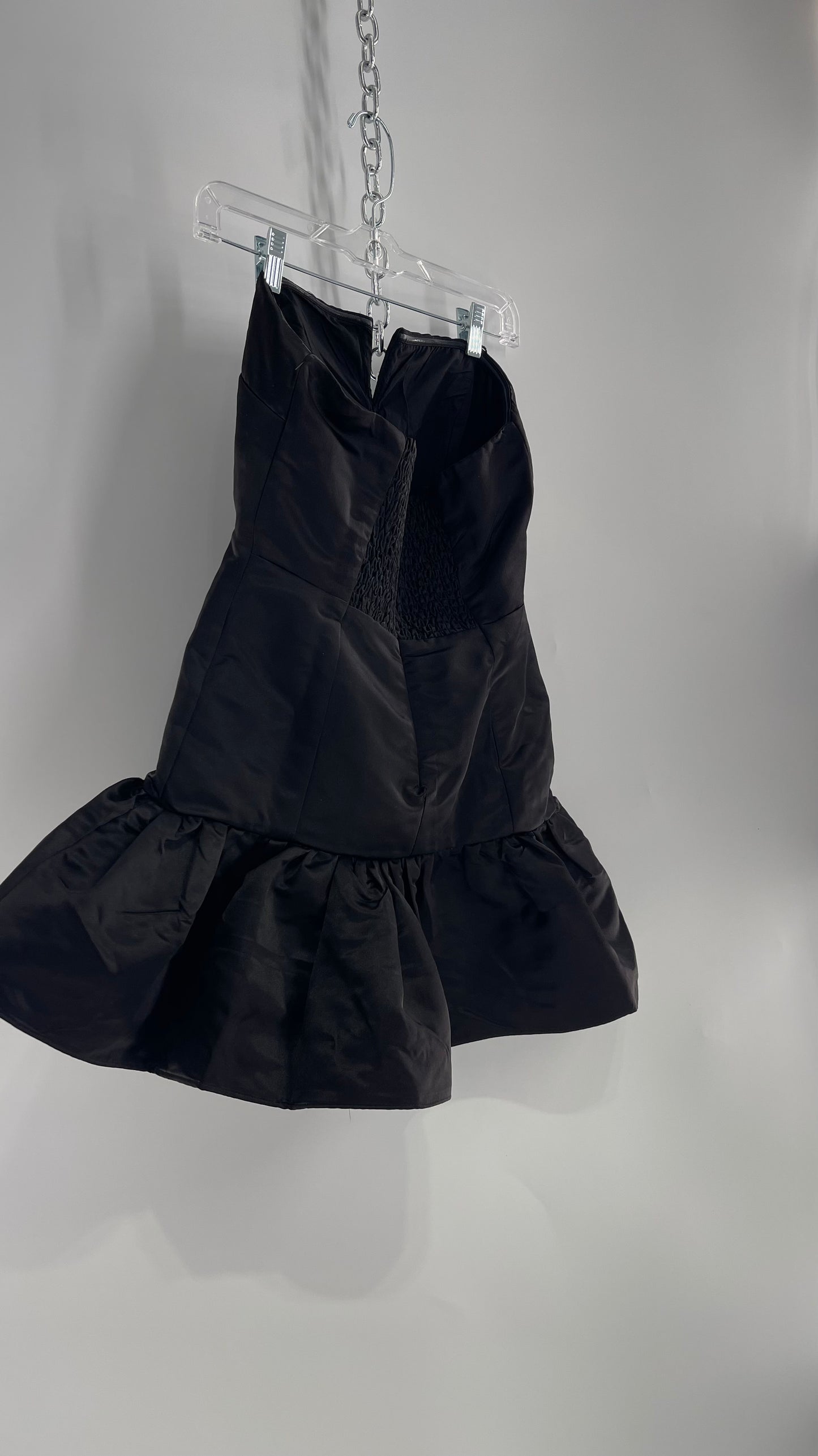 Maeve Black Mini Dress with Drop Hip Bubble Hem, Lace/Bow Appliqué and Tight Bodice (Small)