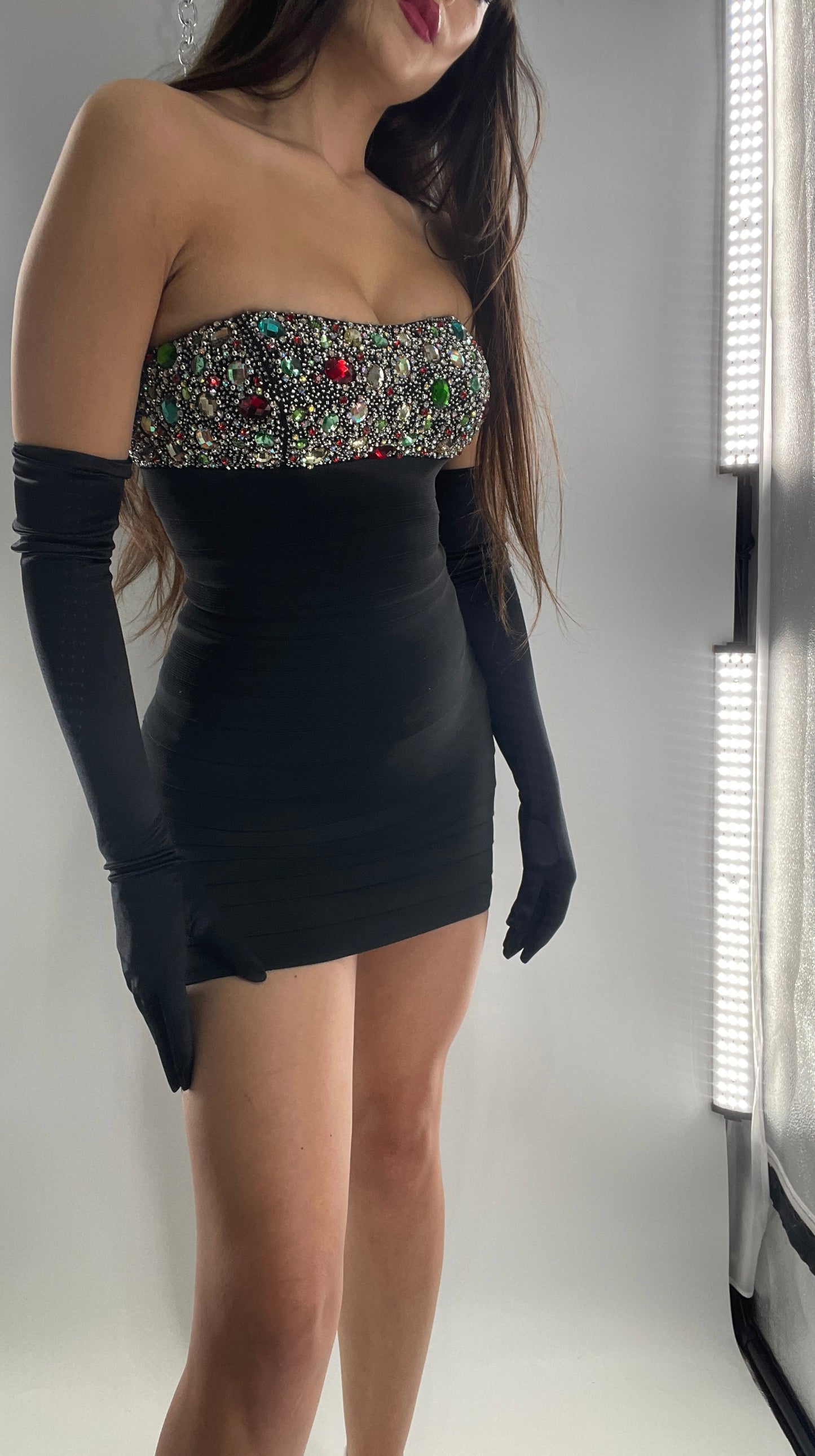 Vintage Sherri Hill Black Elastic Body Con Dress with Beaded, Padded Bust (0)