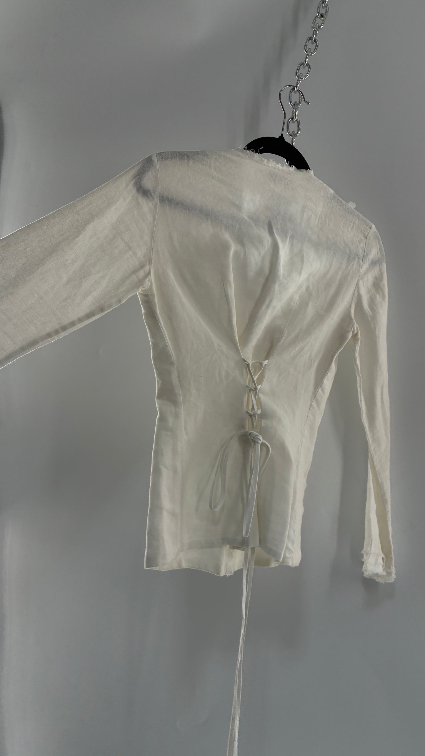 Vintage ANNE FONTAINE Off White Linen Woven Button Up Blouse with Back Corseting, Pearlescent Shell Buttons, and Rosette Details (36)