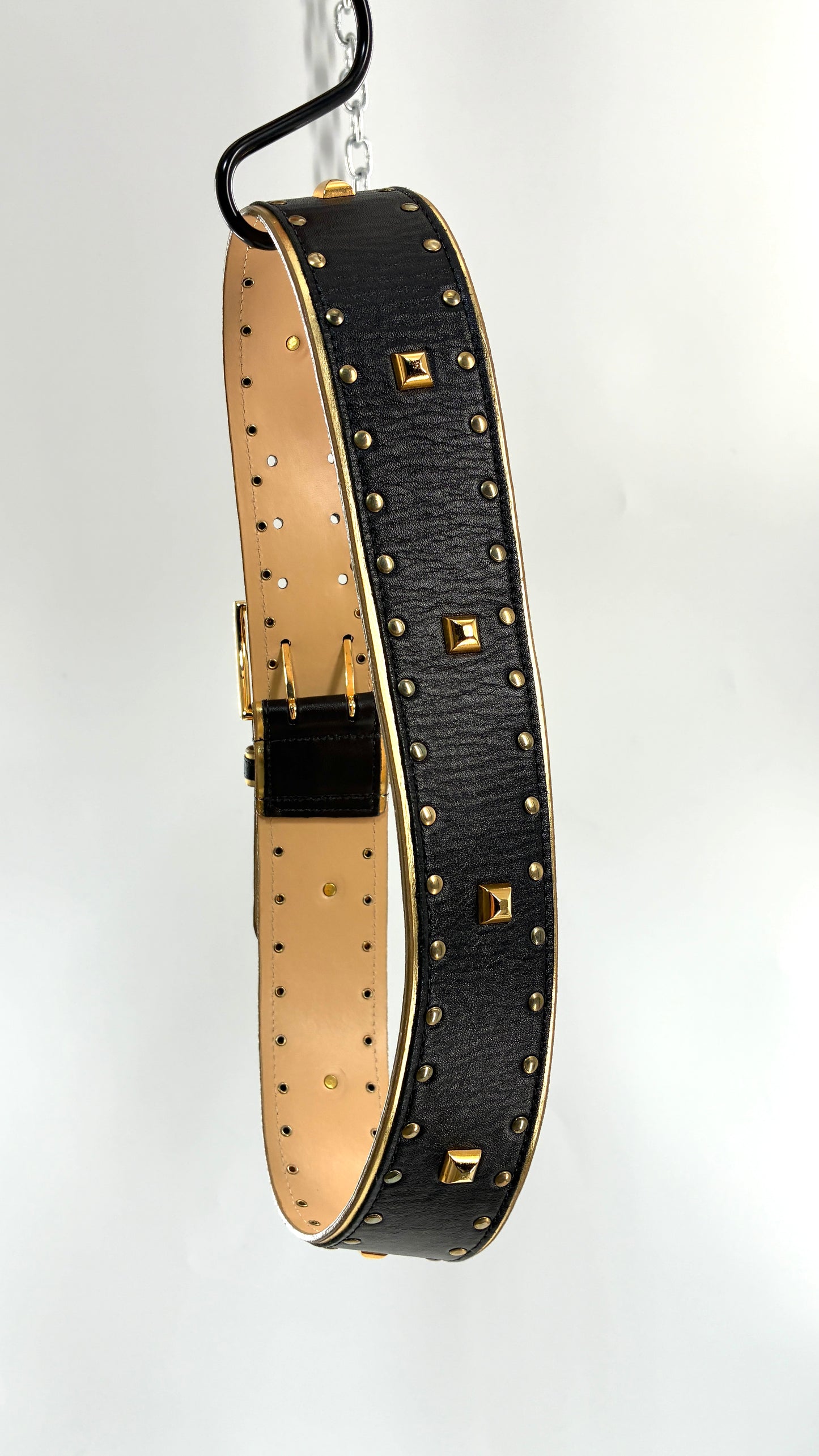 Vintage Wide Black Genuine Leather Belt with Studded Detailing and Oversized Buckle
