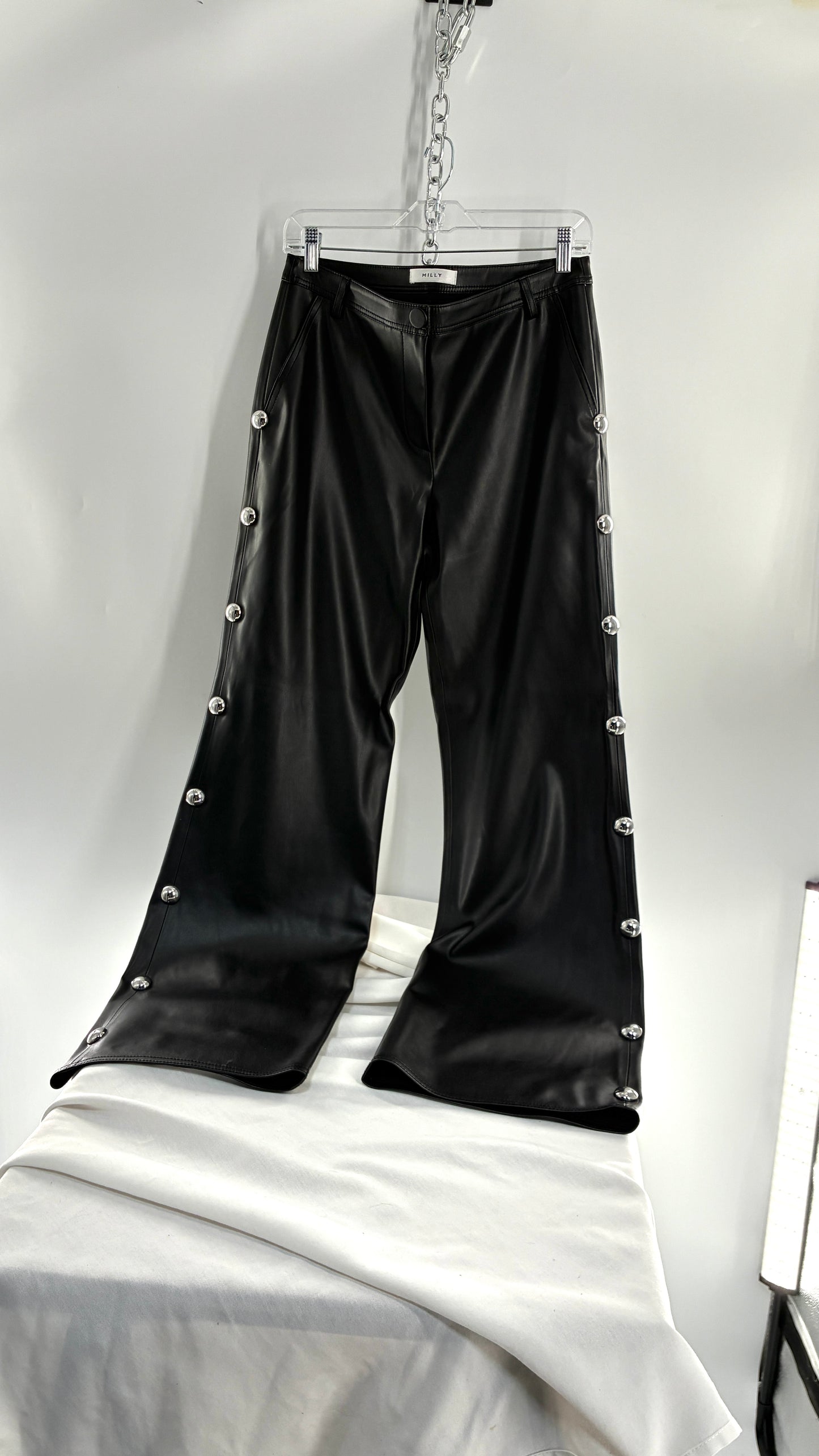 Vintage MILLY Black Vegan Leather Wide Leg Pants with Silver Oversized Studs