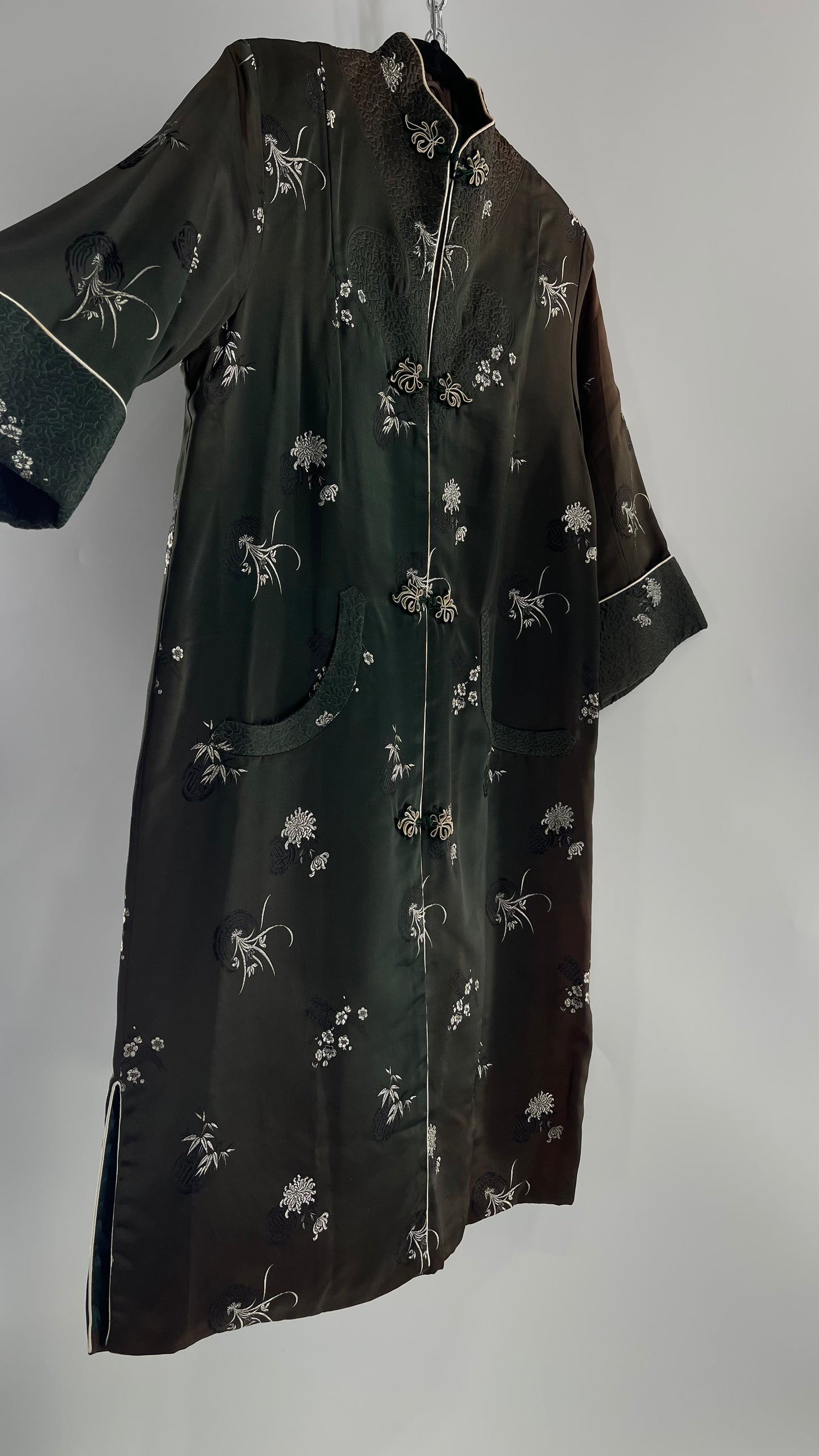 Vintage Hong Kong, Hand Made, Dark Green Silk Kimono Coat/Smoking Jacket (38)