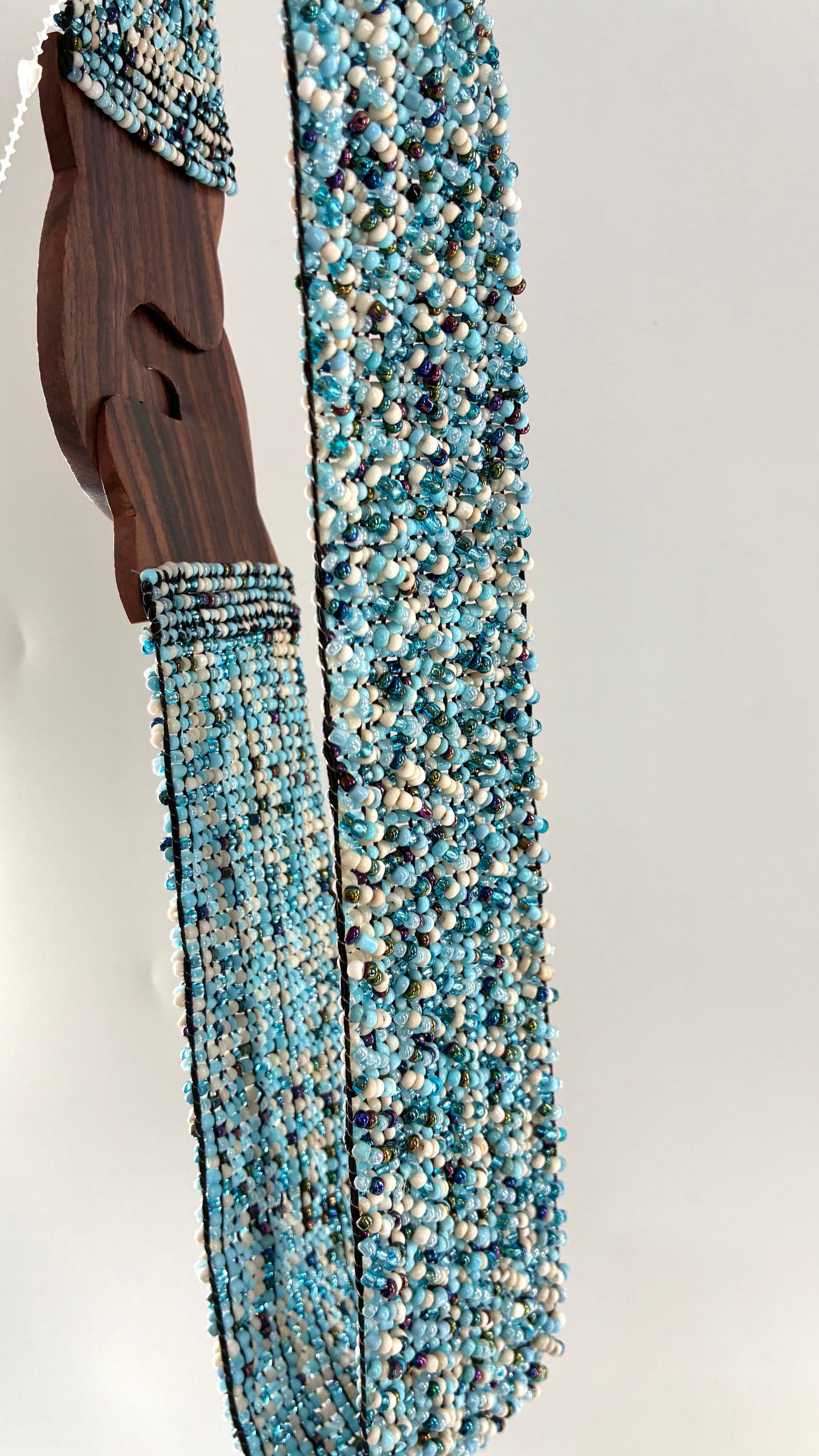 Vintage Wide Blue Beaded Hip Belt with Chunky Wooden Buckle