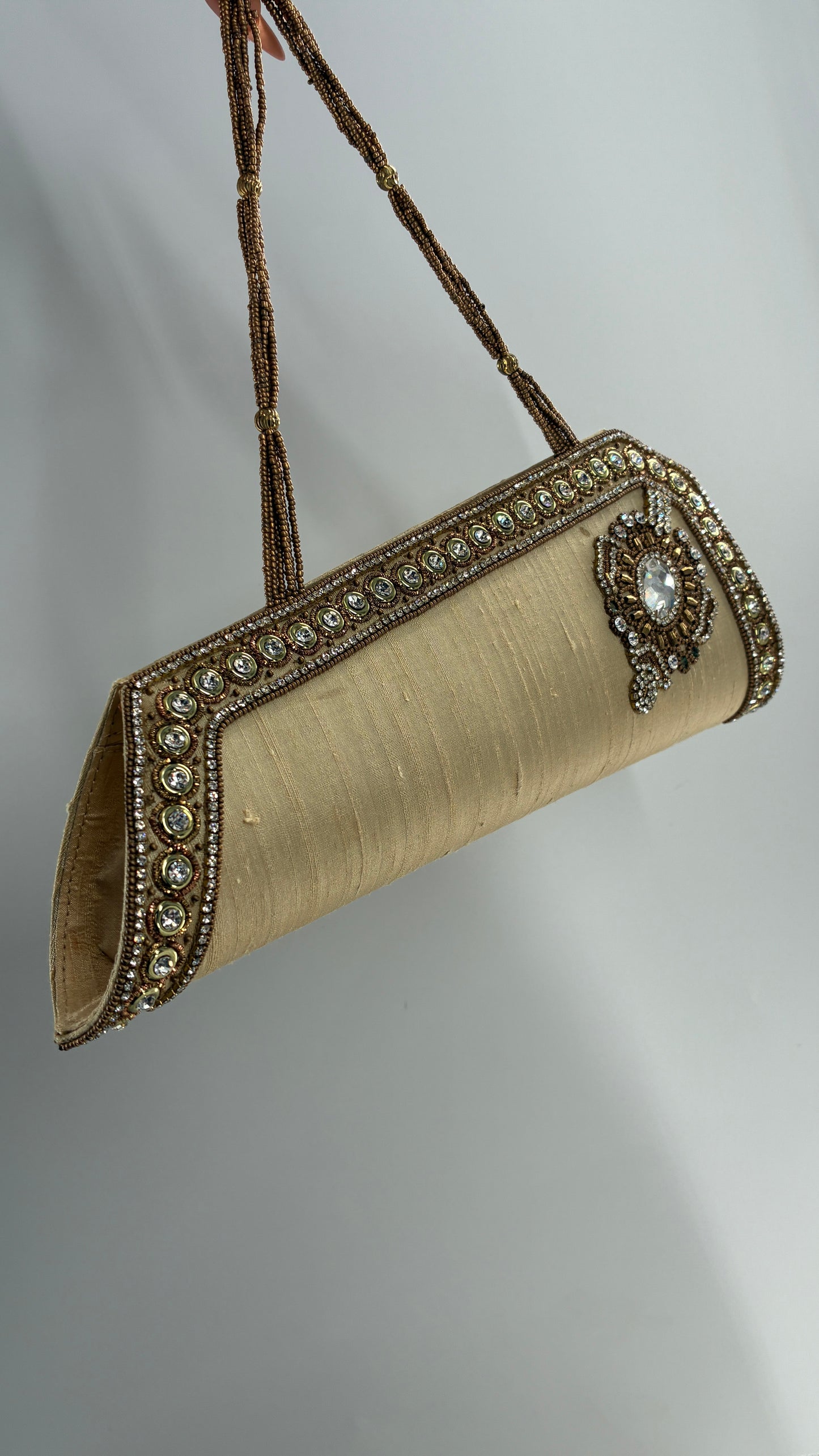 Vintage 1990s Asymmetric Gold Purse with Beading and Rhinestone Detailing