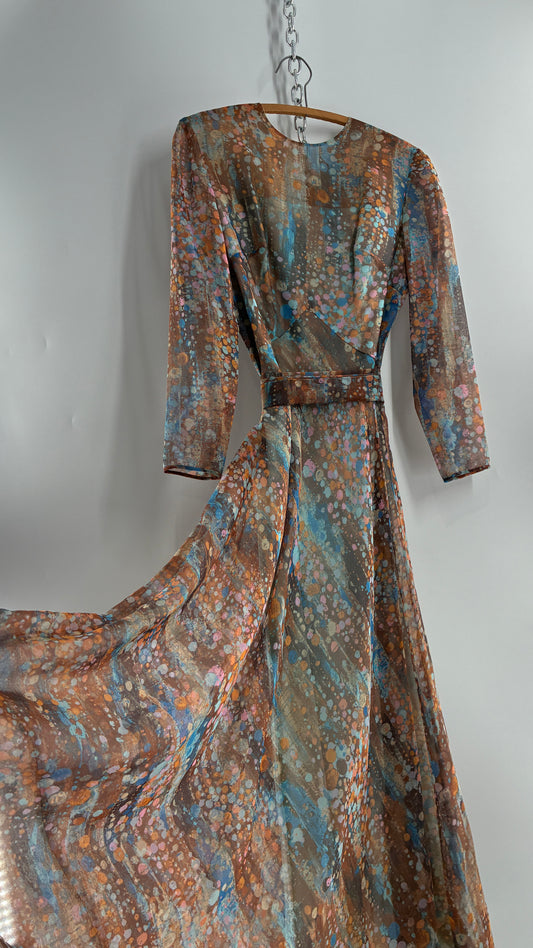 Vintage 1970s HELEN BASS Brown, Orange, Blue Voluminous Maxi Dress (S)