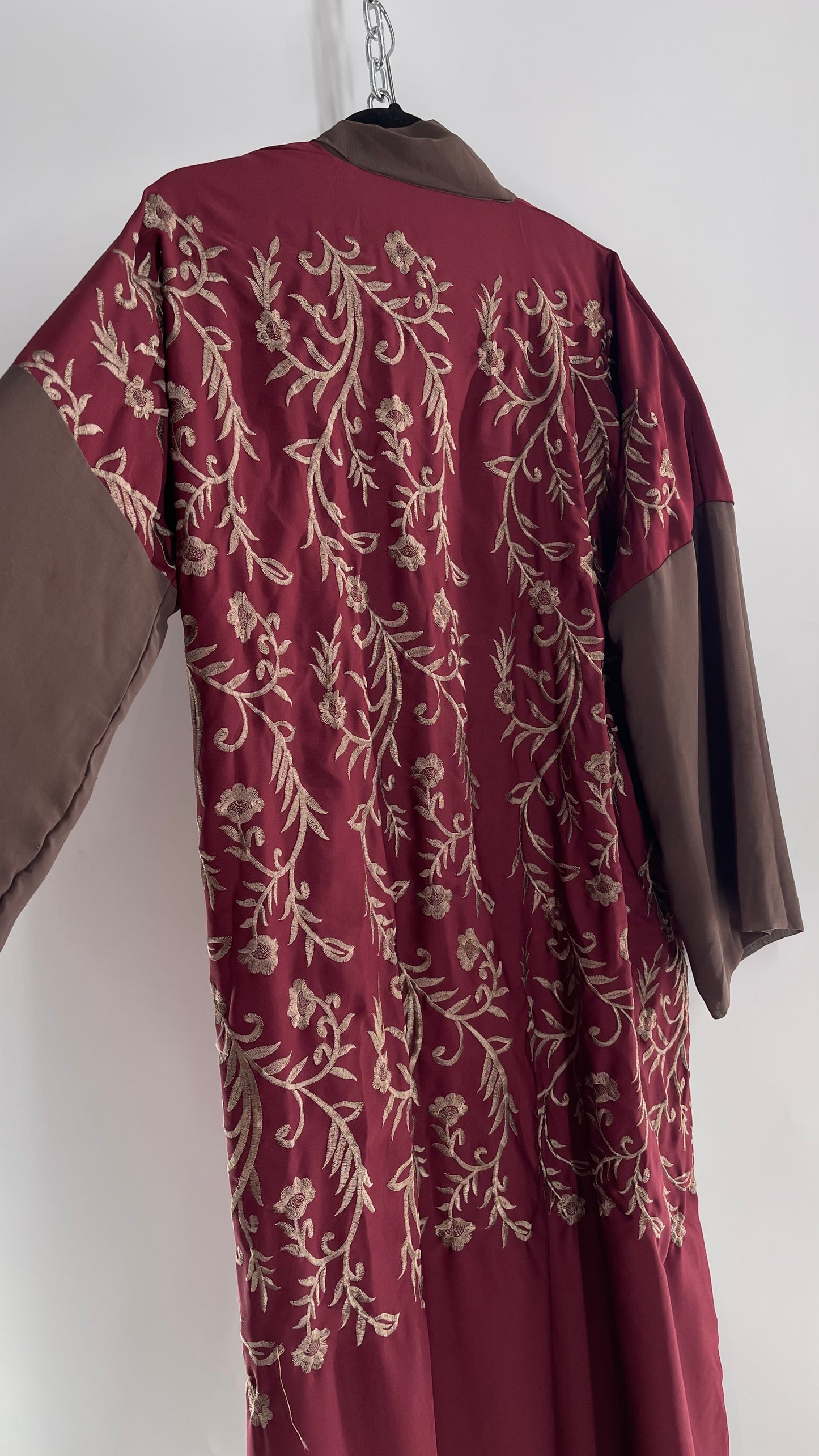 Vintage Embroidered Burgundy Sweeping Duster Coat/Cape with Tan Embroidery