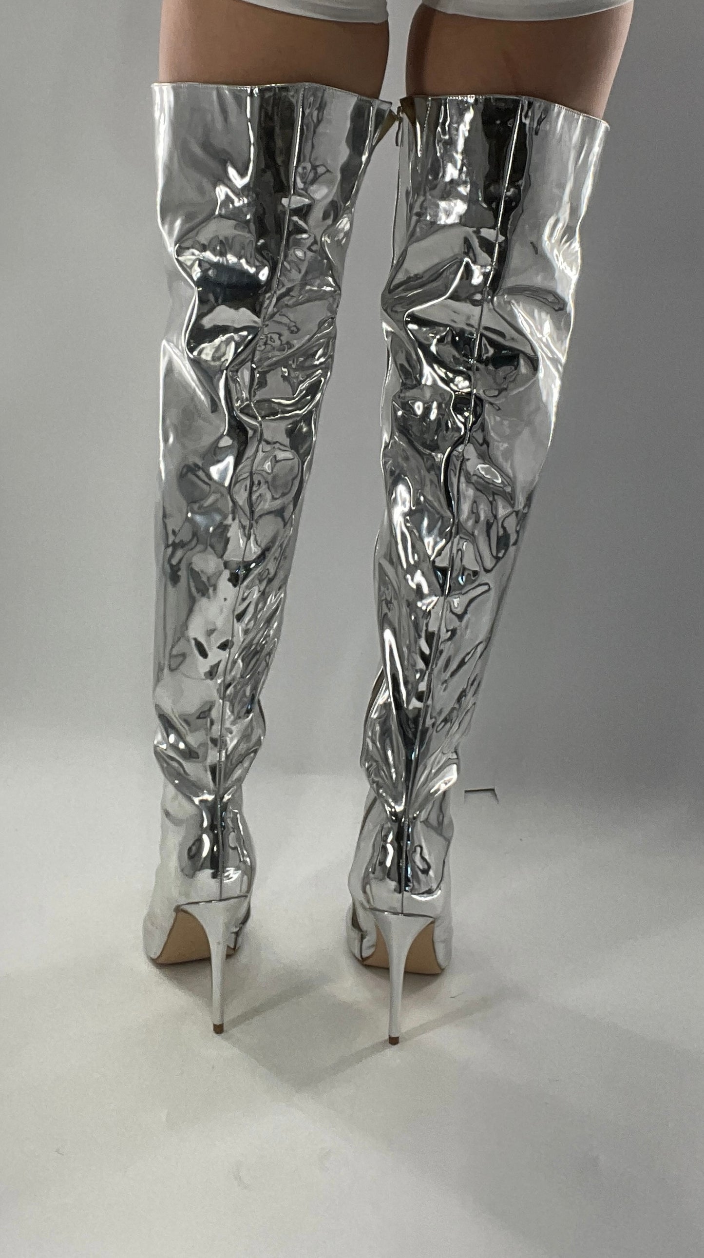 Vintage Chrome Platinum Mirrored Thigh High Molten Metal Sky High Boots Space Cadet/Concert (7)