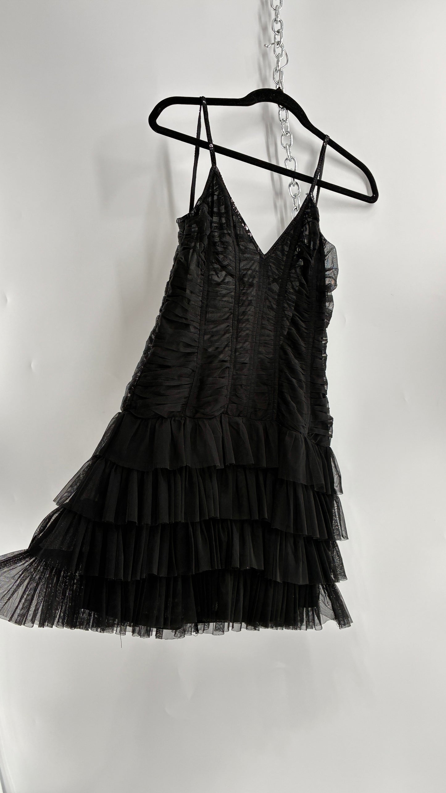 Vintage Black Ruffled Tulle Mini Dress with Low Open Back (8)