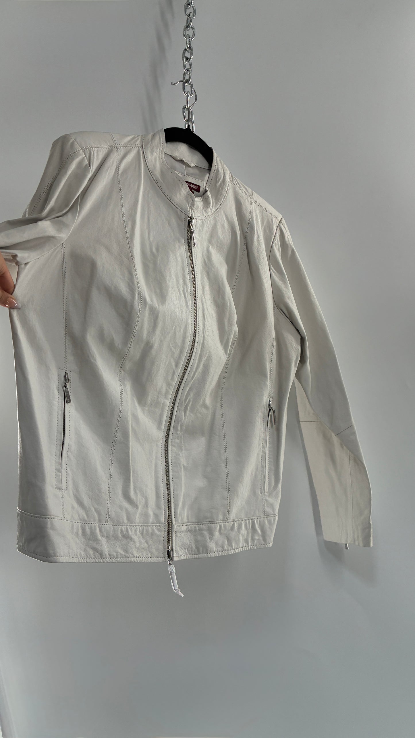 Deadstock Vintage JESSICA LONDON White Genuine Leather Paneled Motorcycle Jacket (16)