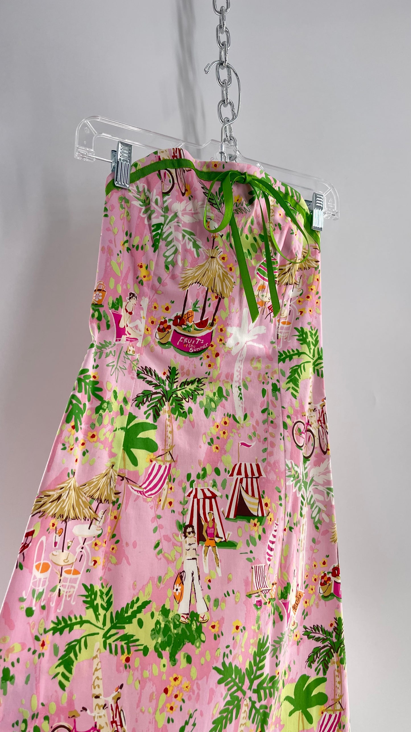 Vintage Handmade Pink Sketchbook 90s Print Mini Dress with Green Ribbon and Built In Boning (XS)