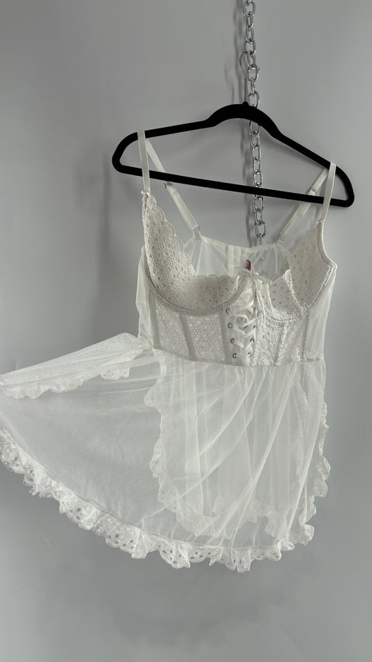 Vintage VICTORIA’S SECRET White Eyelet Lace Bustier with Mesh Skirt (XXL)