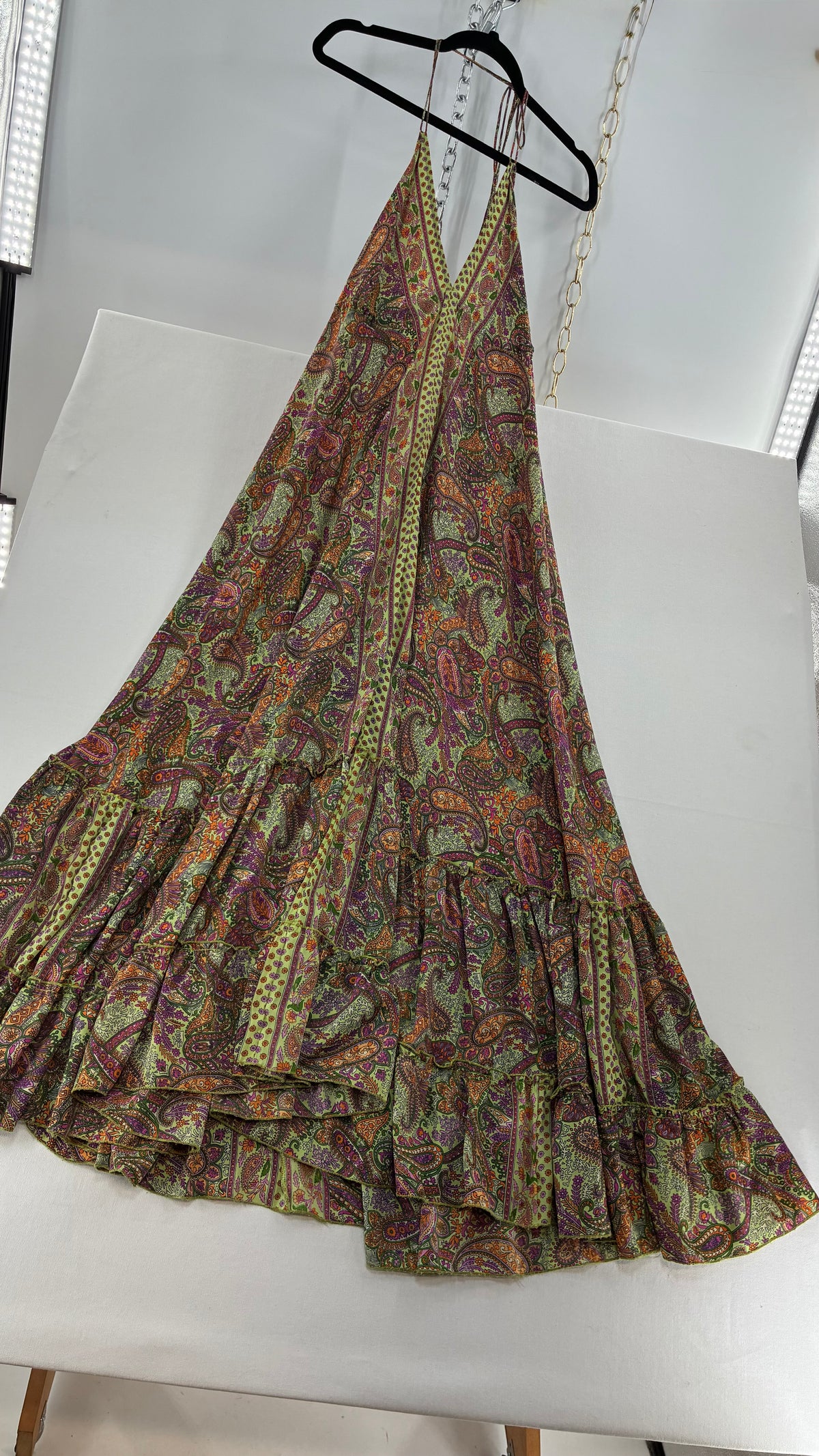 Vintage MIKV Paisley Patterned Flowy Full Length Gown with Low, Open Back Detail (OS)