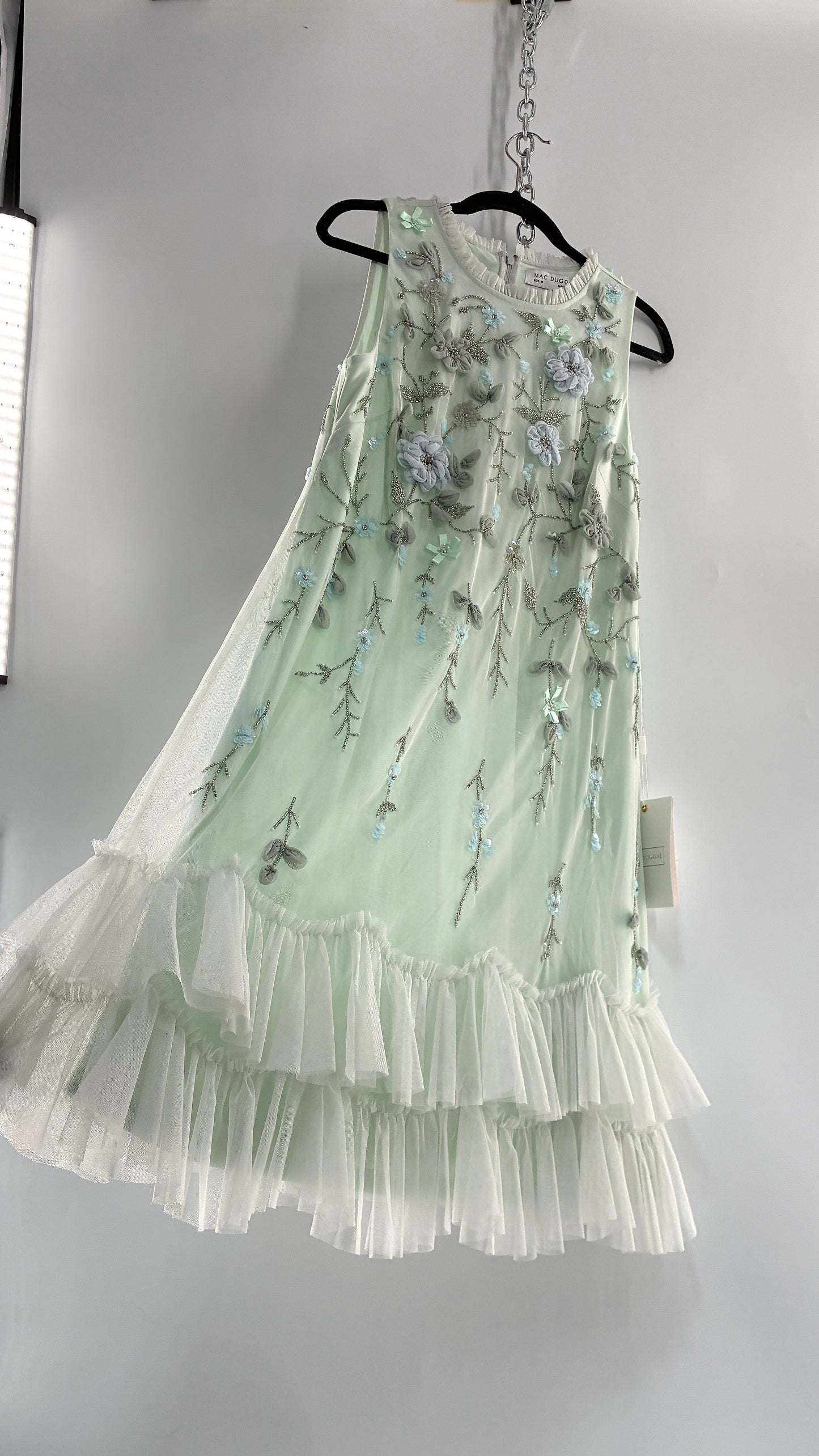 MAC DUGGAL Green Embellished Ruffle Tiered High Neck Floral Dress (10)