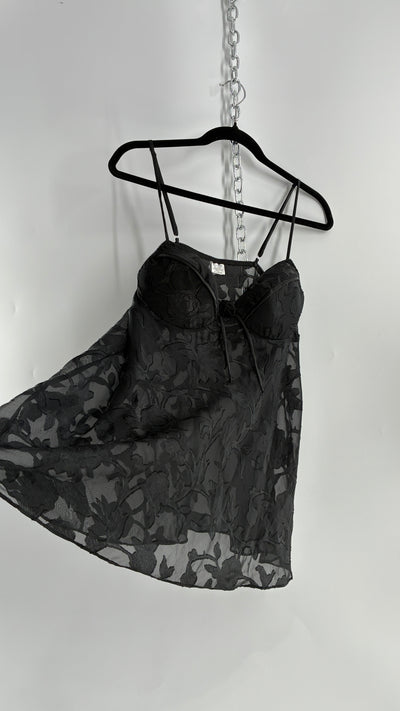 Vintage Black Floral Babydoll Camisole with Rosette Bust