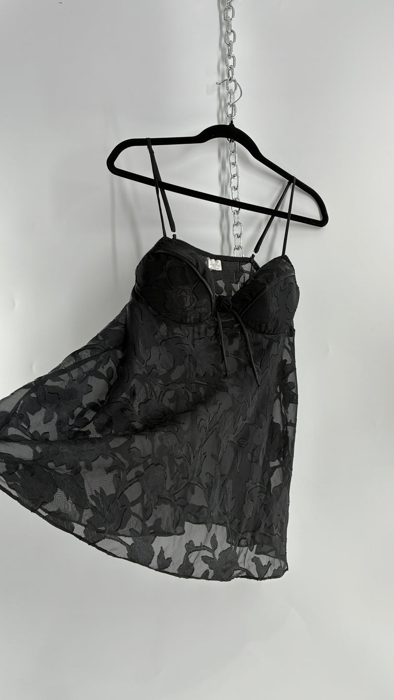 Vintage Black Floral Babydoll Camisole with Rosette Bust