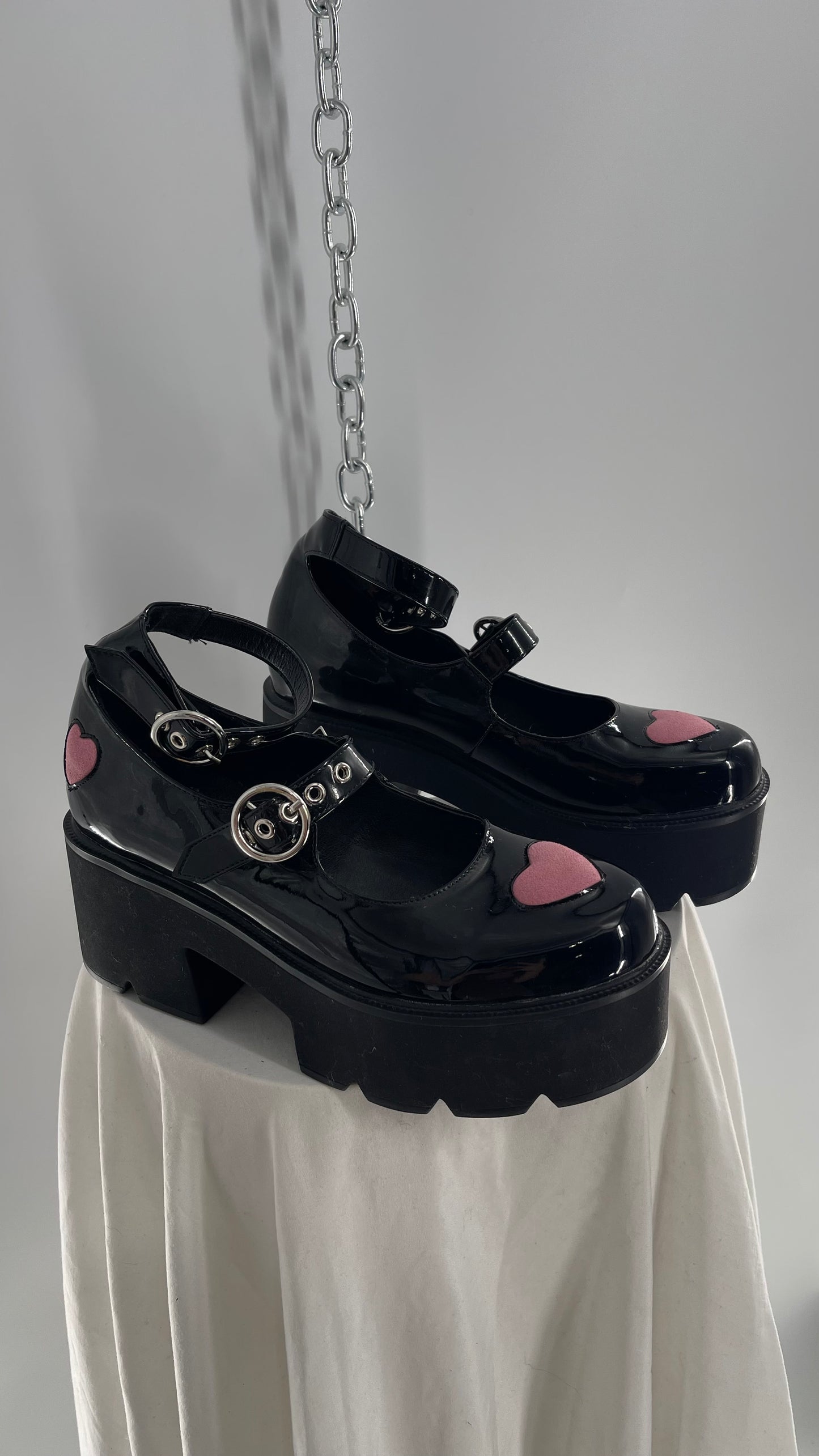 LaModa Ironic Black Patent Multibuckle Mary Jane with Pink Hearts (8)