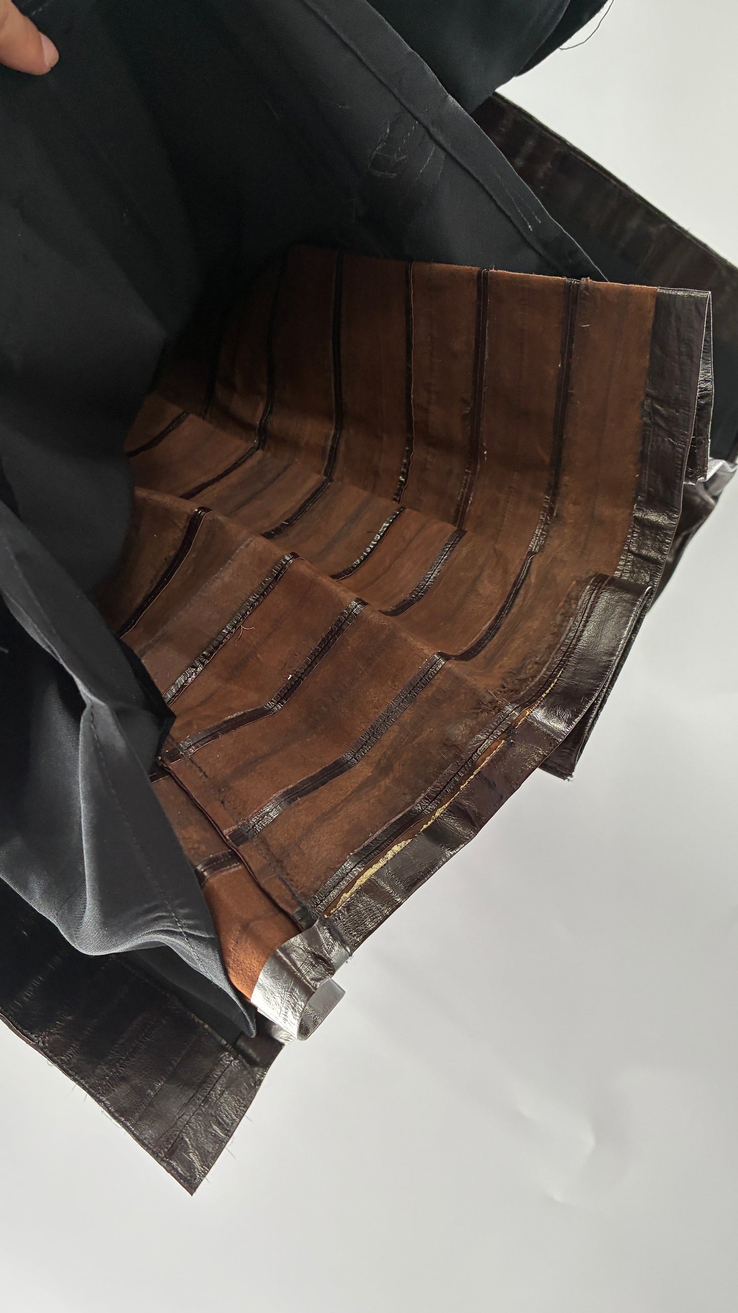 Vintage Handmade Pleated Dark Brown Genuine Leather Patchwork Skirt (XS)