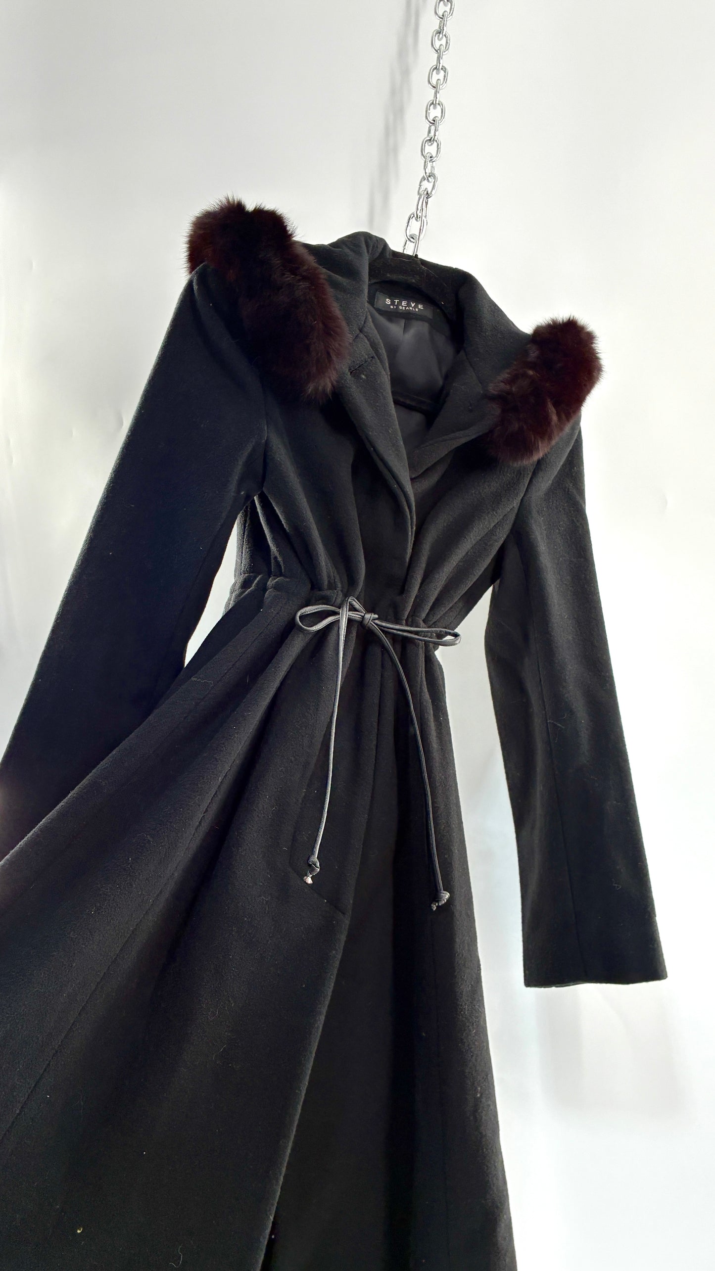Vintage STEVE by SEARLE Cashmere Blend Coat with Underbust Tie and Fur Hood
