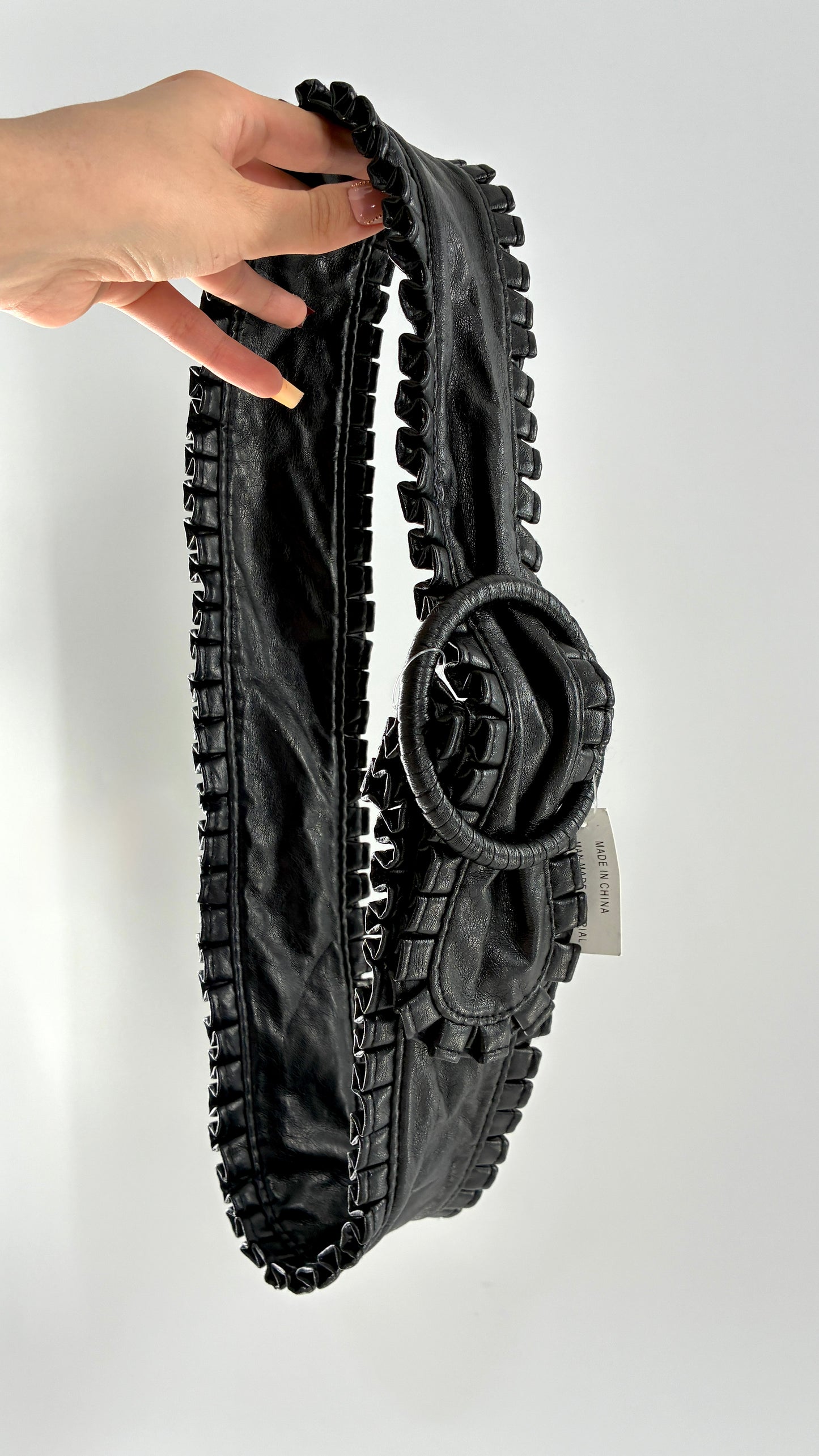 Deadstock Vintage Vegan Leather Black Wide Hip Belt with Round Buckle and Pleated Ruffle Trim