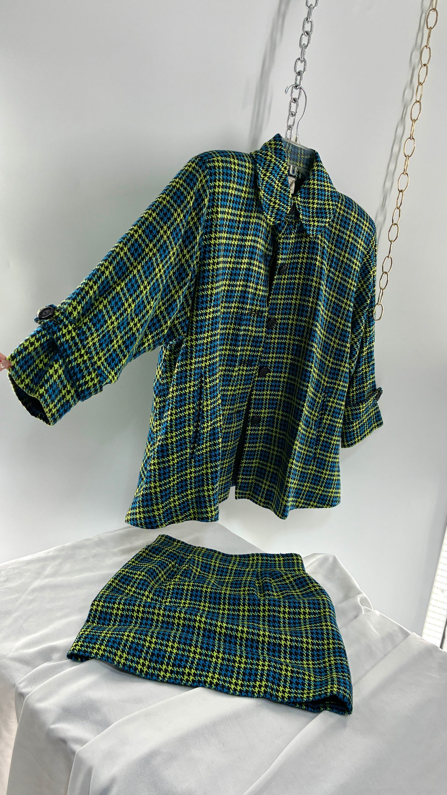 Vintage HONG KONG Wool Blend Neon Green and Blue Plaid Jacket and Micro Mini Set (Small)