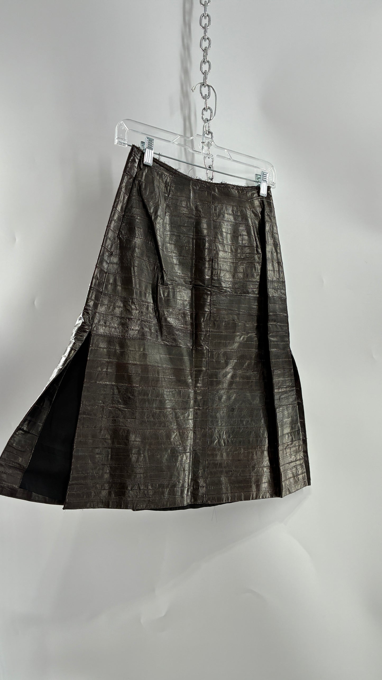 Vintage Handmade Pleated Dark Brown Genuine Leather Patchwork Skirt (XS)