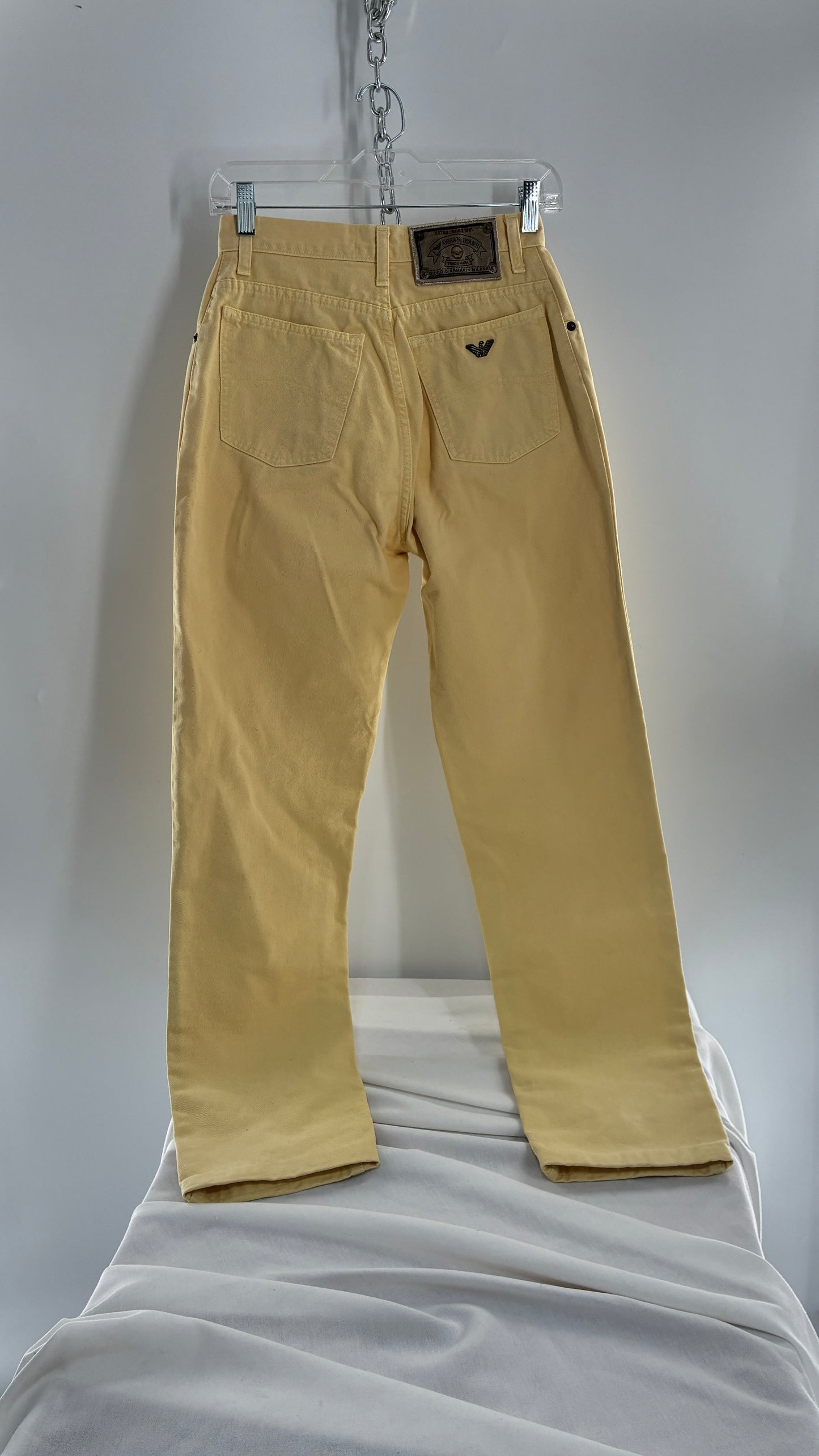 Vintage GIORGIO ARMANI Baby Yellow High Waisted Jeans with 80s Jacron Made in Italy  (29)