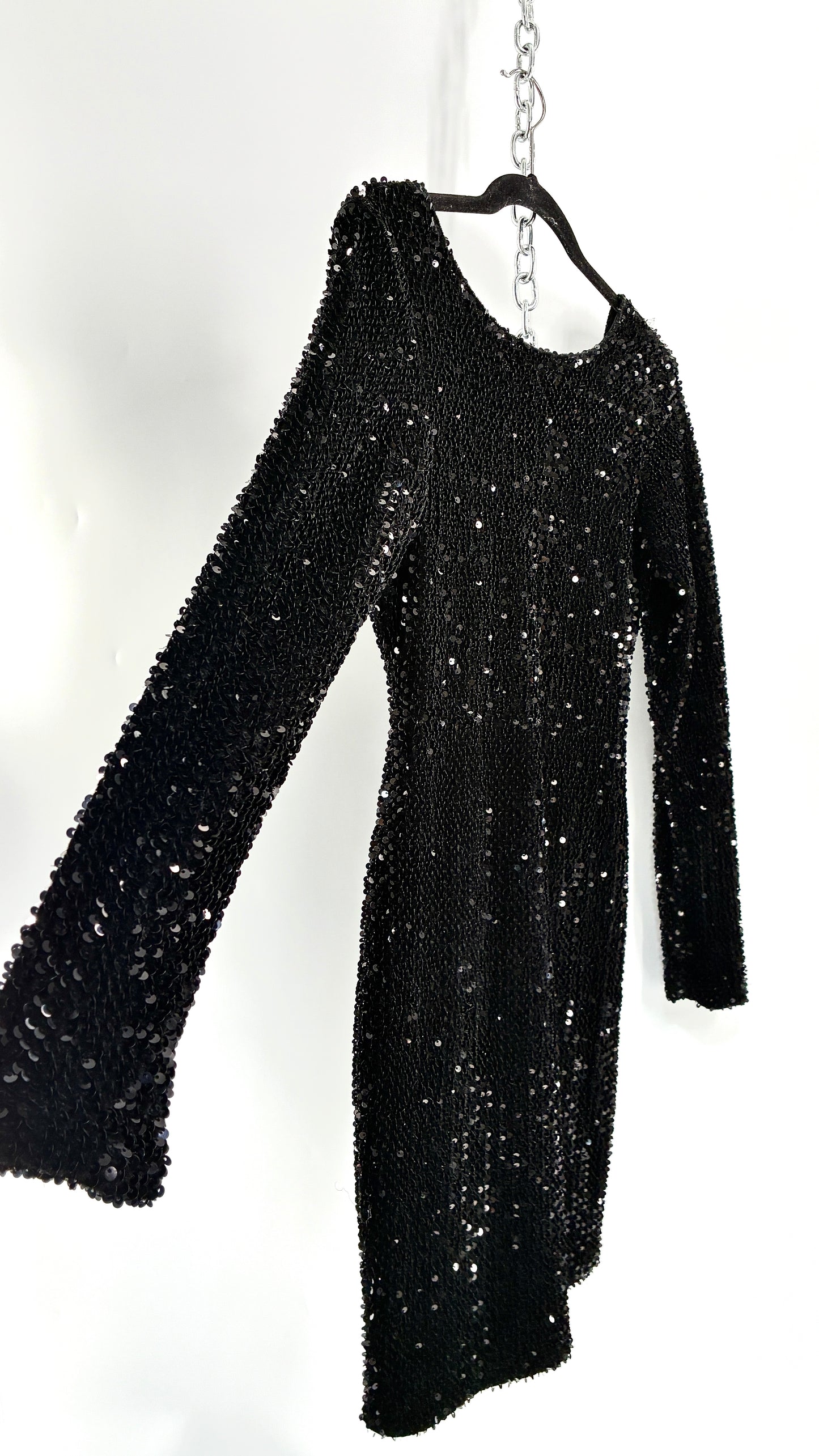 MOTEL Black Thick Velour and Sequin Long Sleeve Bodycon Mini Dress (Medium)