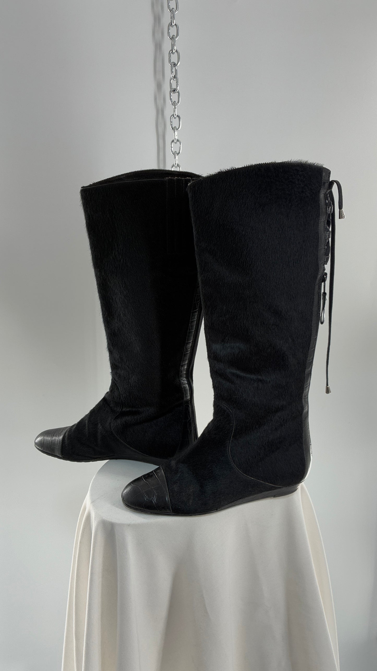 Vintage MIGLIORINI Black Genuine Calf Hair/Fur Boots with Heel, Made in Italy (7.5)