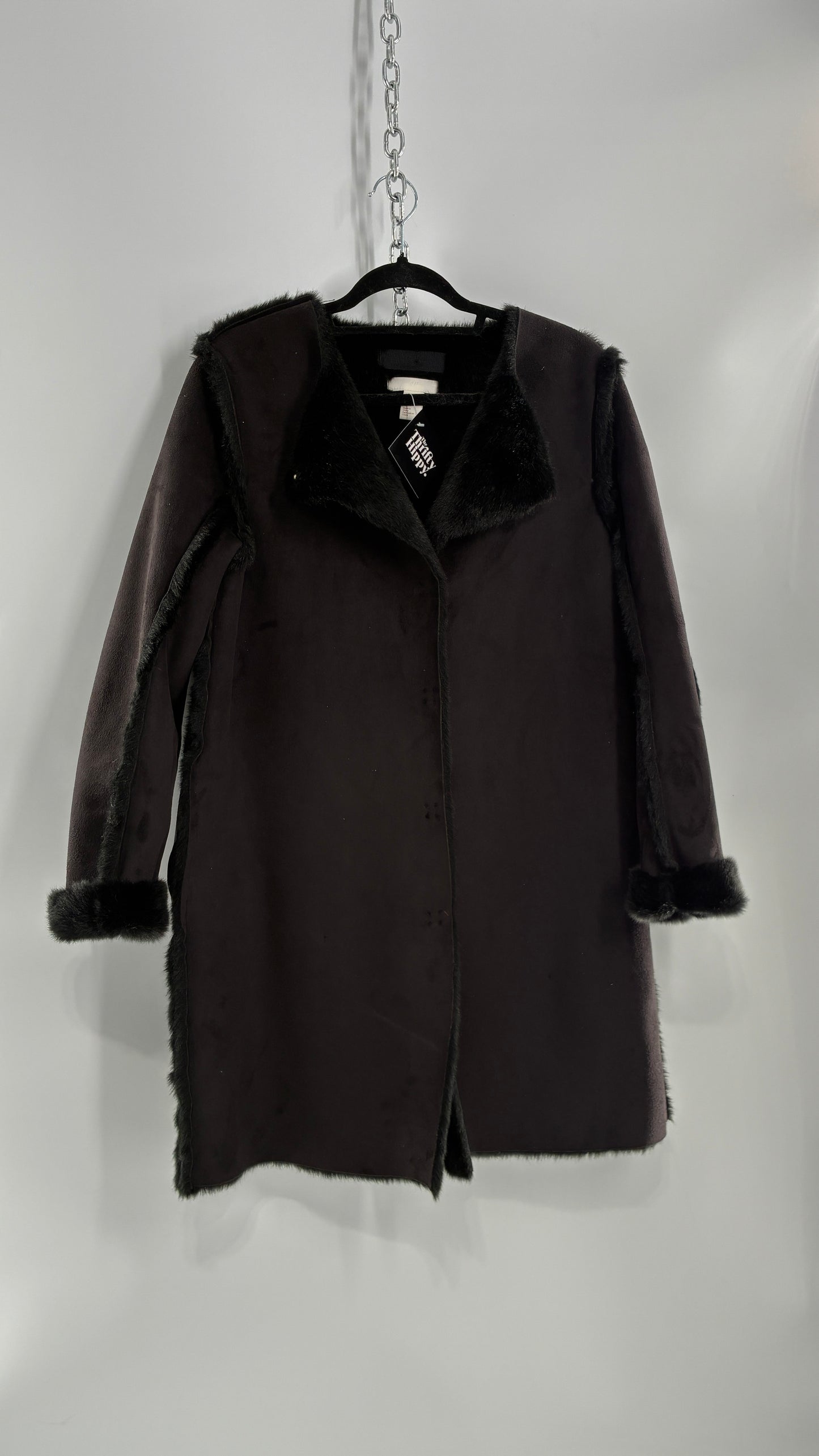 Vintage H&M Black Faux Suede Coat with Faux Fur Piping (12)