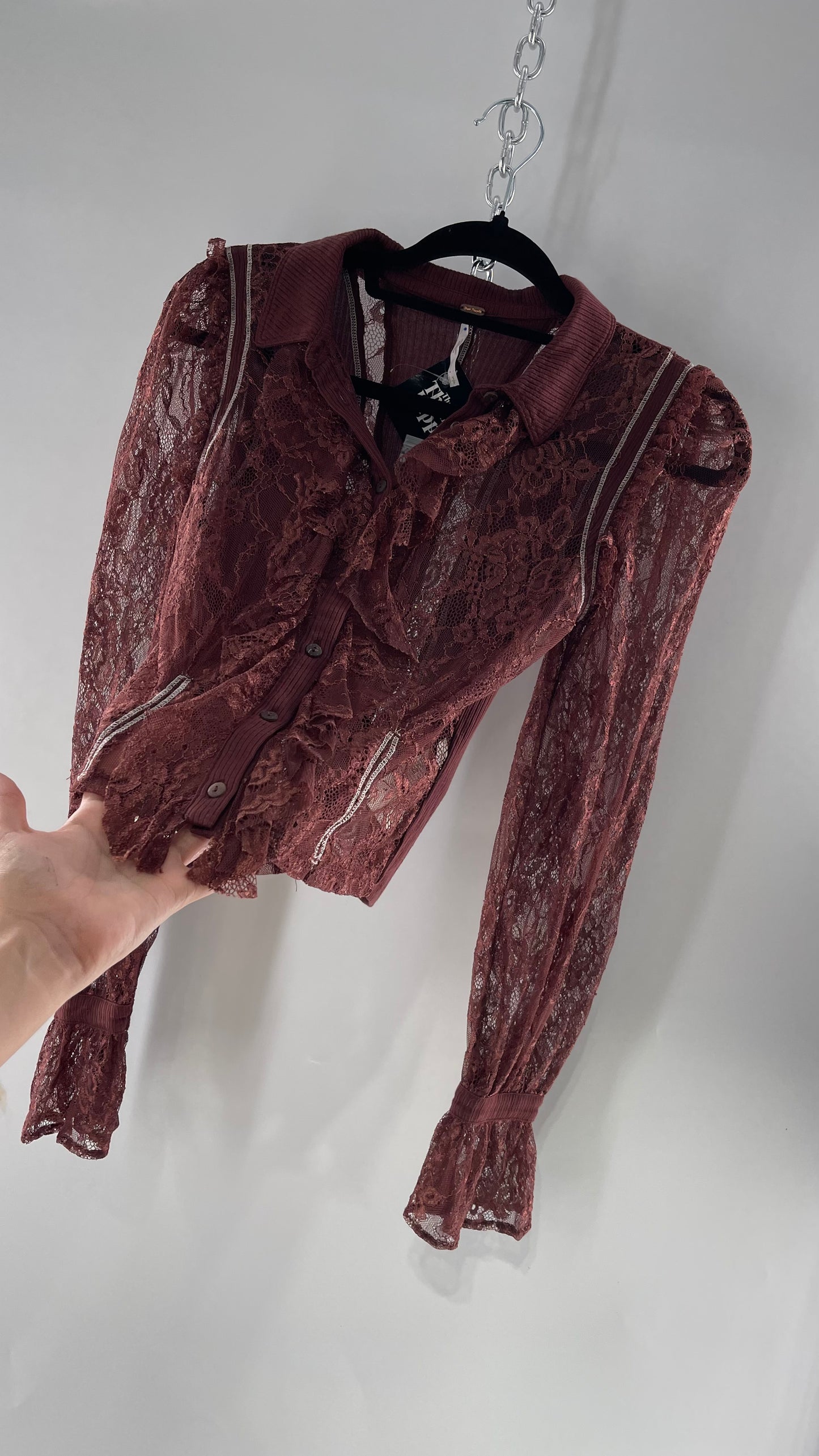 Free People Burgundy Lace Button Front Blouse with Balloon Sleeves and Ruffle Front Detail  (Small)