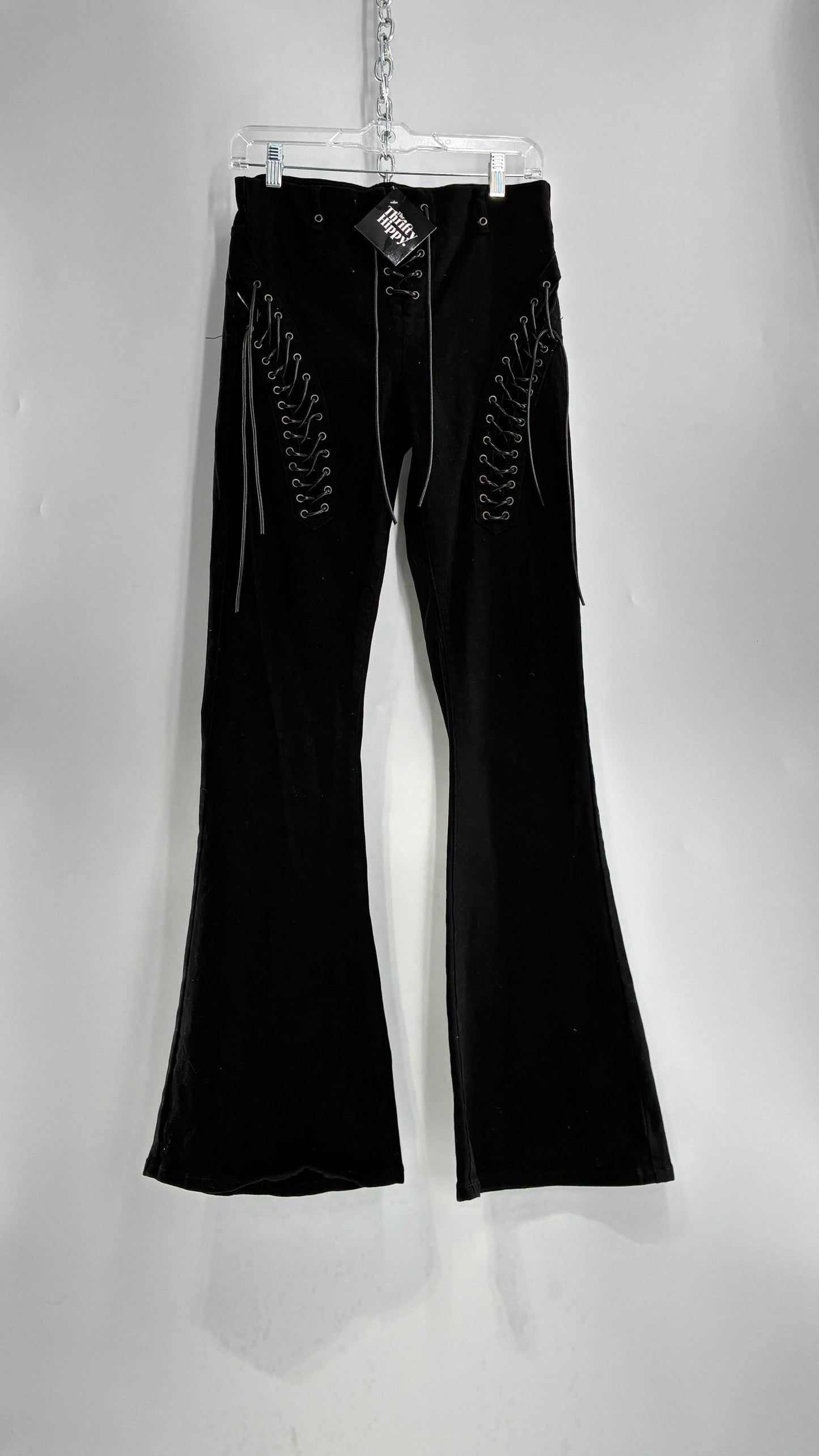 Edikted Black Denim Flares with Open Side Tie Up Details (Medium)