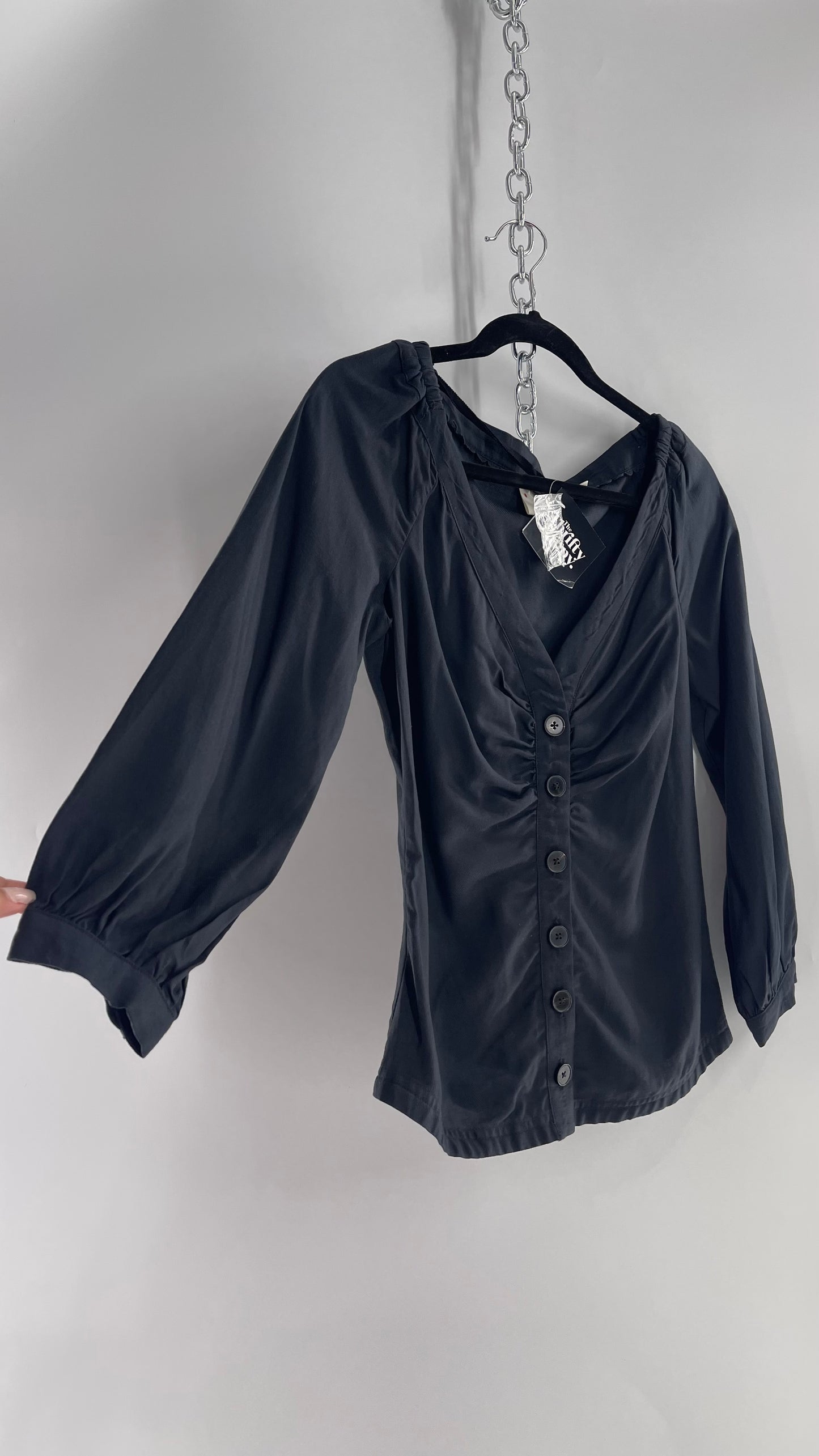 MAEVE Anthropologie Black Button Front With Balloon Sleeve (2)