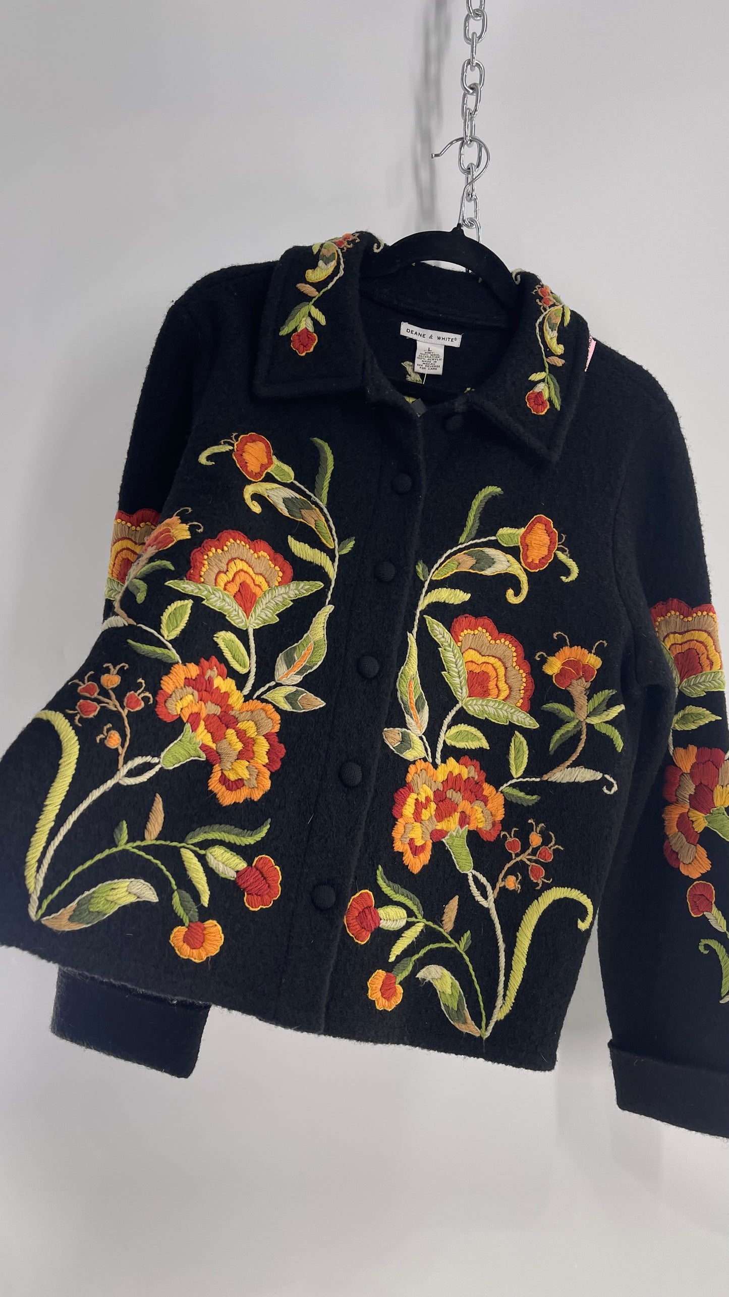 Deane & White Black 100% Wool Orange and Yellow Embroidered Flower Cardigan Jacket (Large)