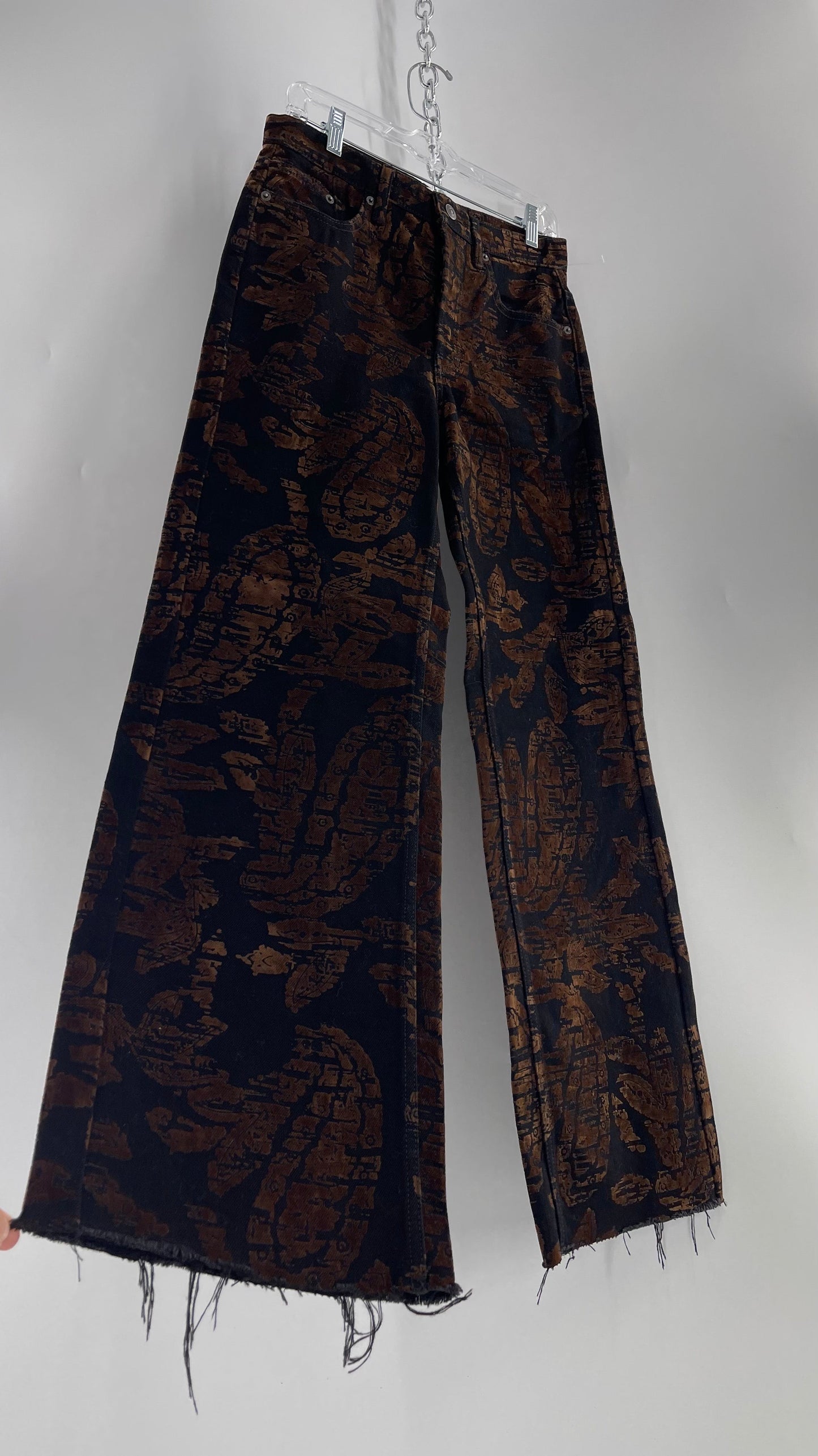Free People Black/Brown Velvet Texture Graphic Straight Legs with Raw Edge Hem (27)