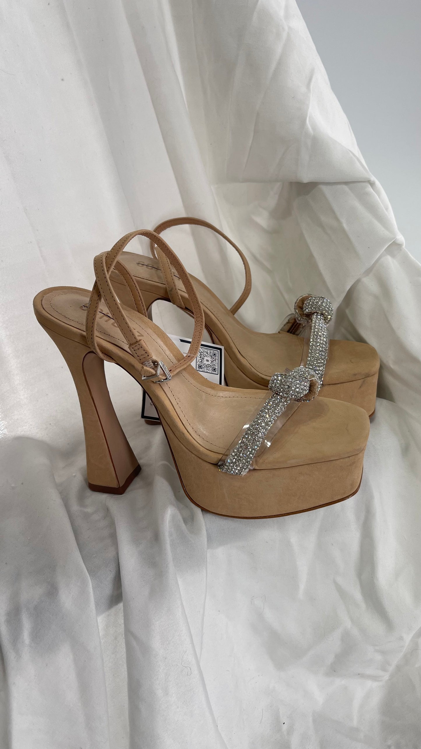 SCHÜTZ Peaky Beige/Tan/Nude Platform Heel with Funky Heel and Clear Knot Rhinestone Toe Strap (6)