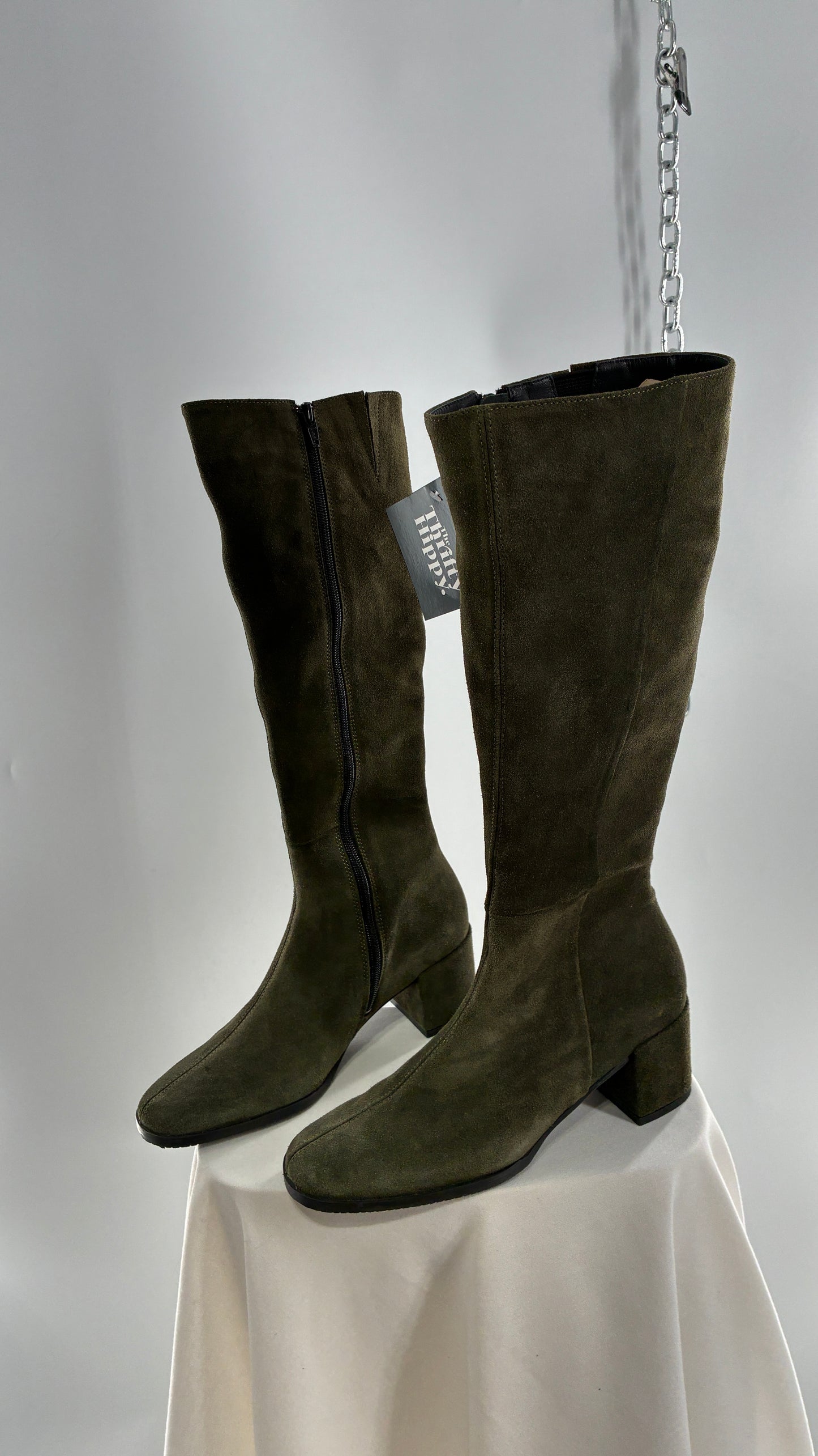Vintage ERIC MICHAEL Olive Green Suede Boots Square Toe Knee High Boots (36)