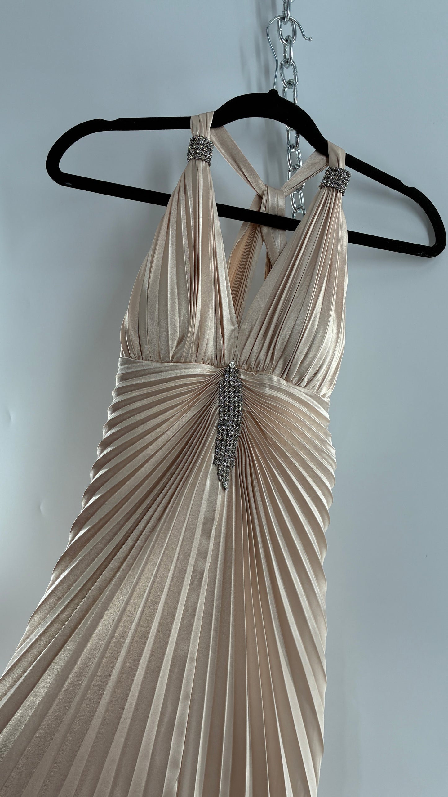Vintage ISSUE Pleated Champagne Gown with Vented Slit Front, Crystal Bust Appliqué and Strap Cuffs (2)