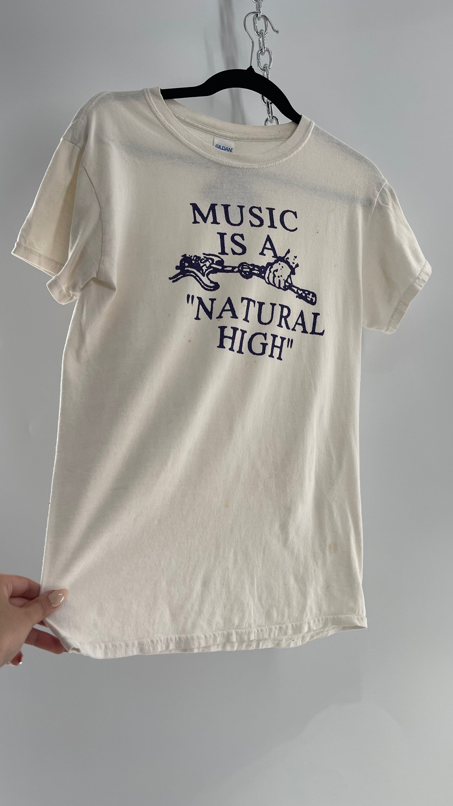 Vintage 1980s White T with Purple Music is a Natural High Font (Small)