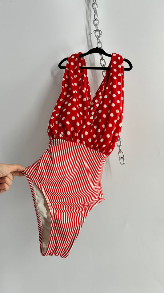 ALLIHOP Anthropologie Red and White Retro Thick Striped and Polka Dotted Bikini with Open Criss Cross Back (Small)