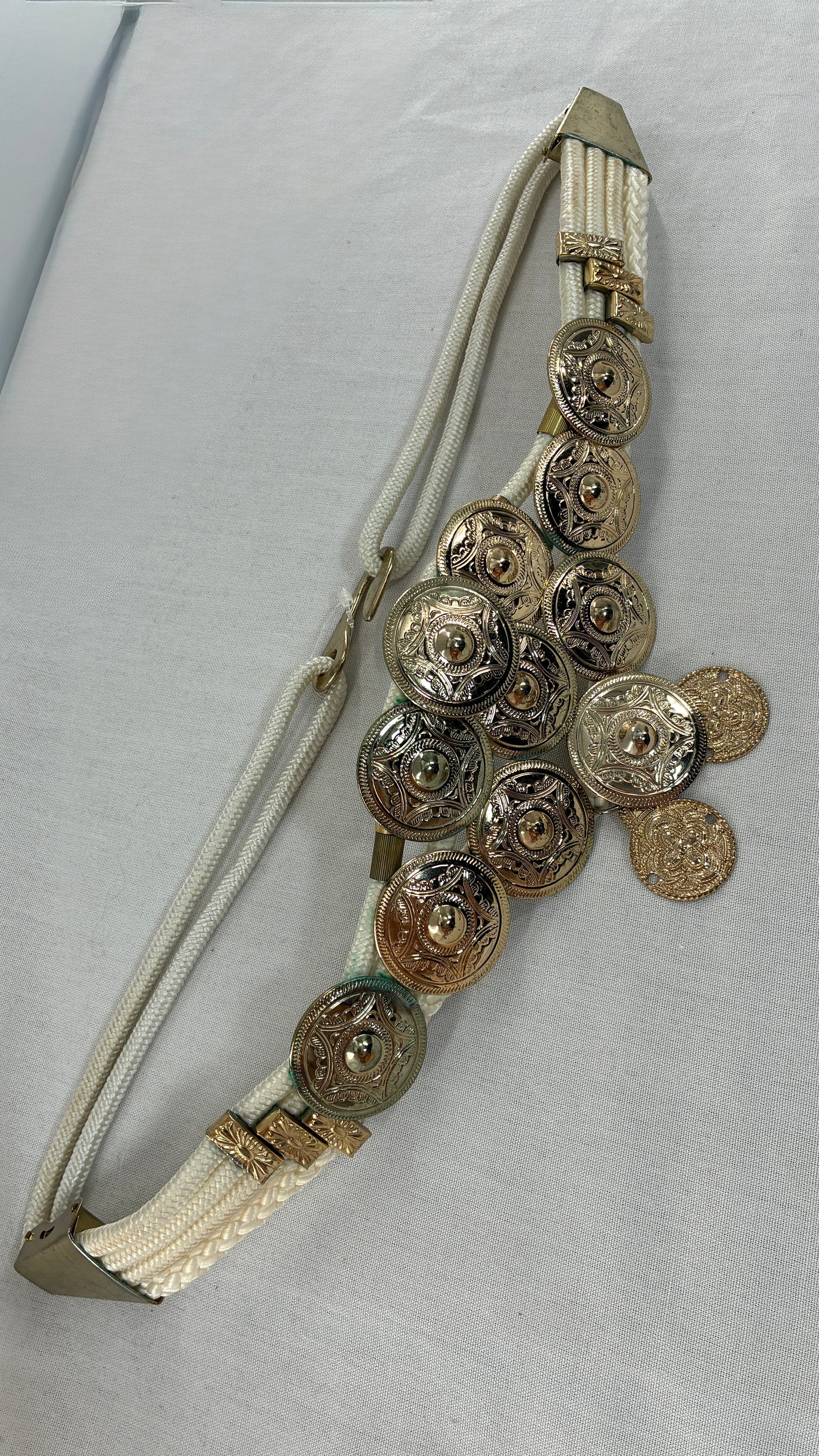 Vintage 1980s White Rope Belt with Gold Engraved Coins Made in Korea