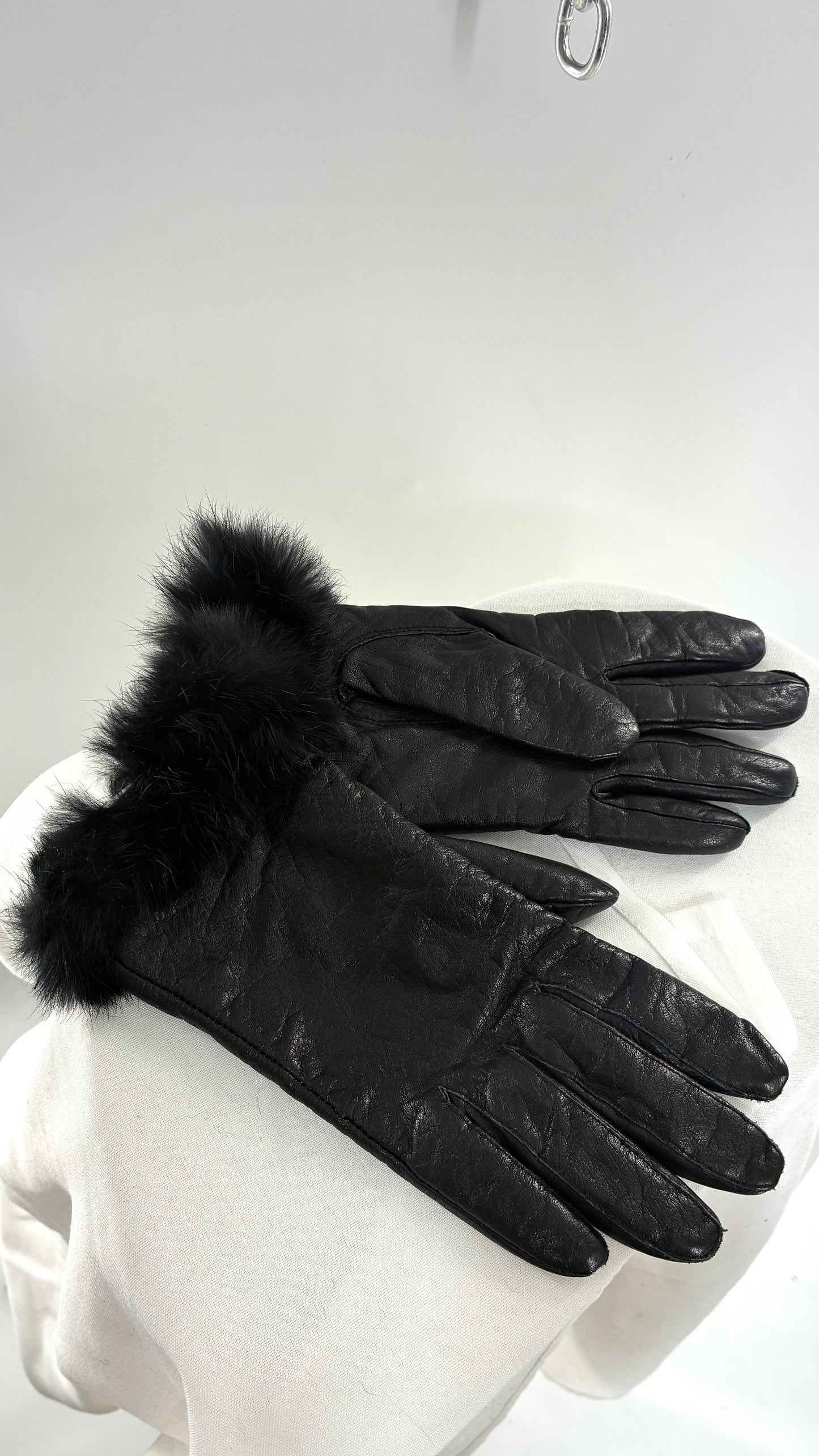 Vintage Black Genuine Leather Gloves with Rabbit Fur Trim