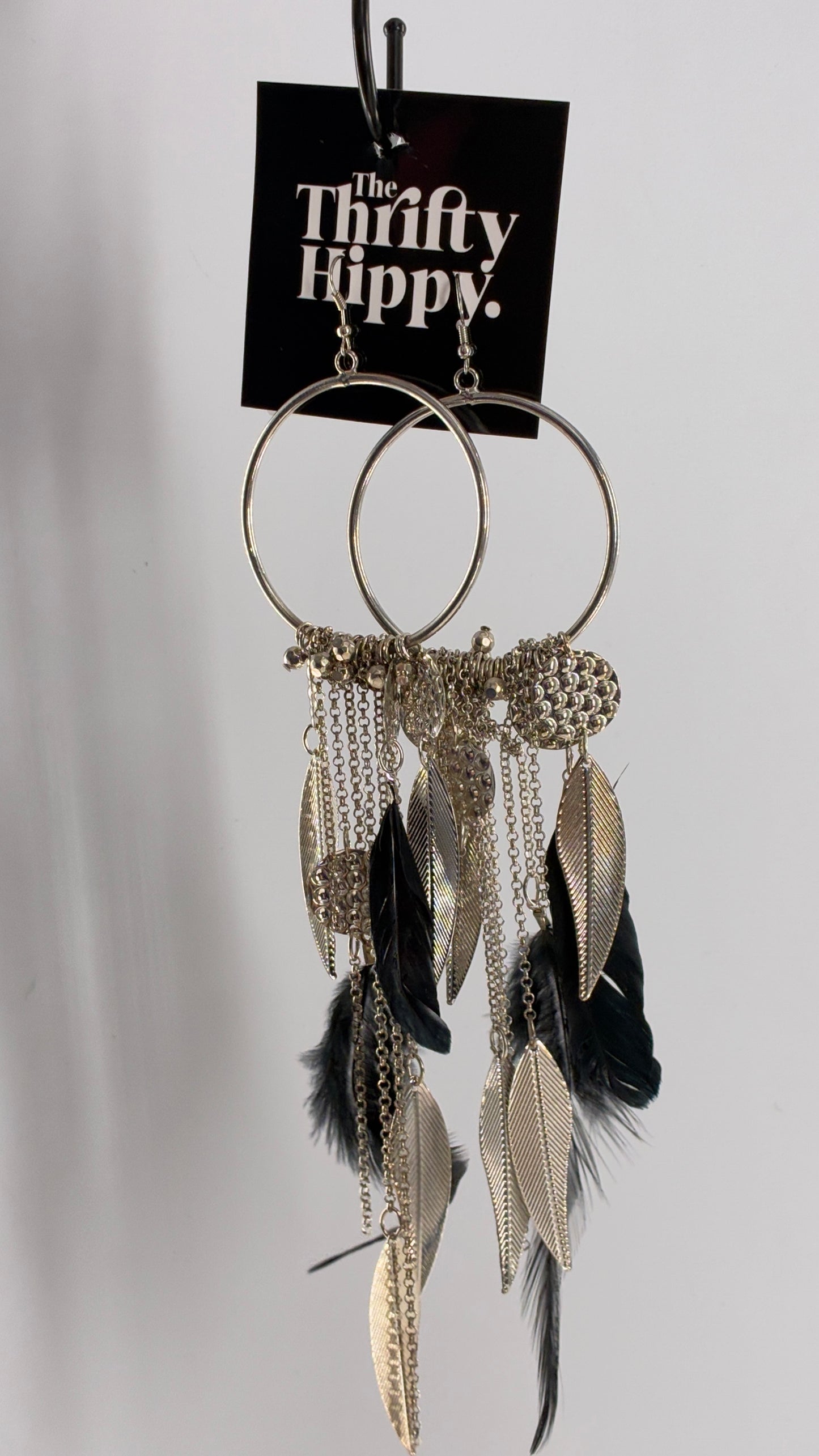 Vintage Hoop Earring with Chains, Feathers and Silver Metal Coins