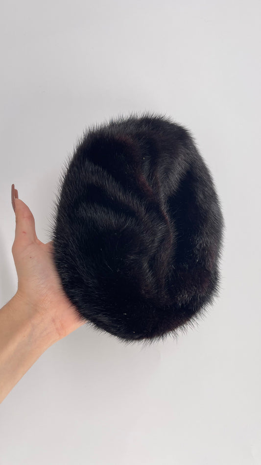 Vintage Genuine Fur Beret with Black Leather Inner Trim