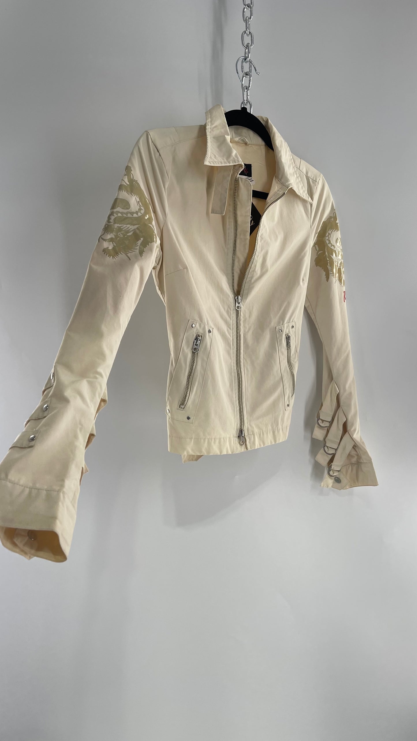 Vintage REPLAY Beige 1990s Italian Moto Jacket with Embossed Buttons, Buckle Cuffs, Dragon Graphic and Neck Strap (XS)