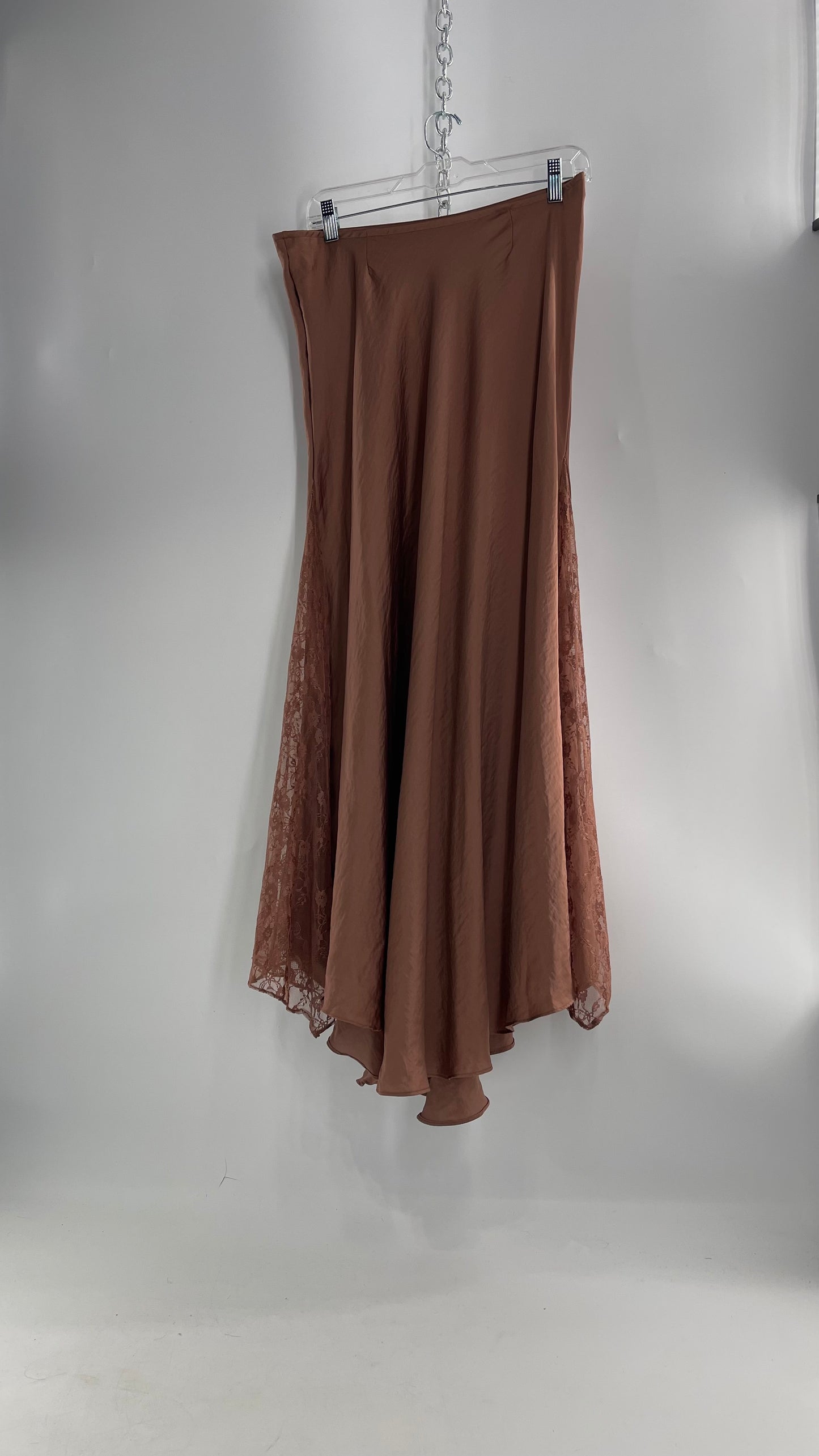 Intimately Free People Brown/Dusty Mauve Satin Maxi Skirt with Lace Paneling (Medium)