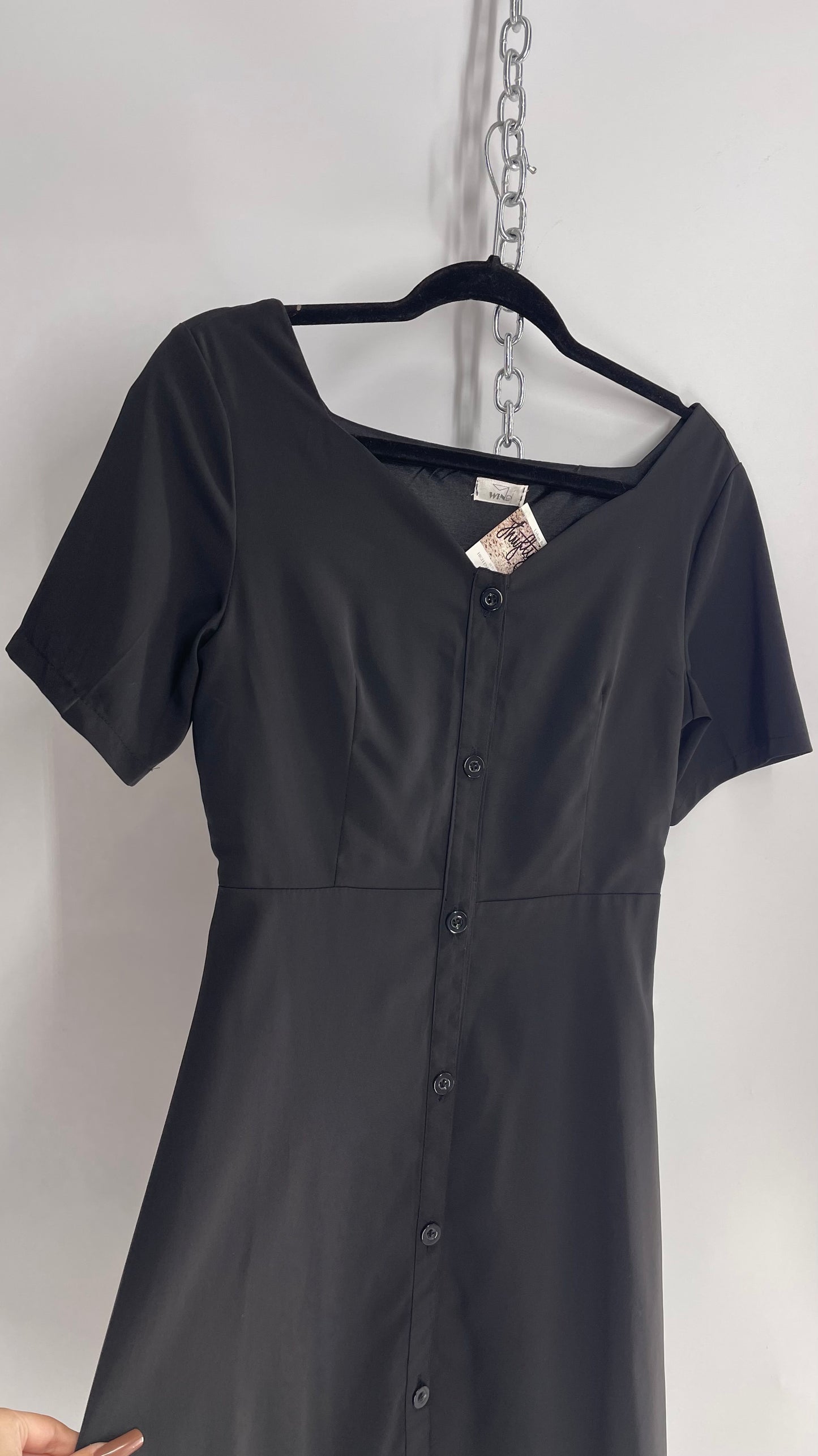 Vintage Wind Black Button Front Short Sleeve Mini Dress (S)