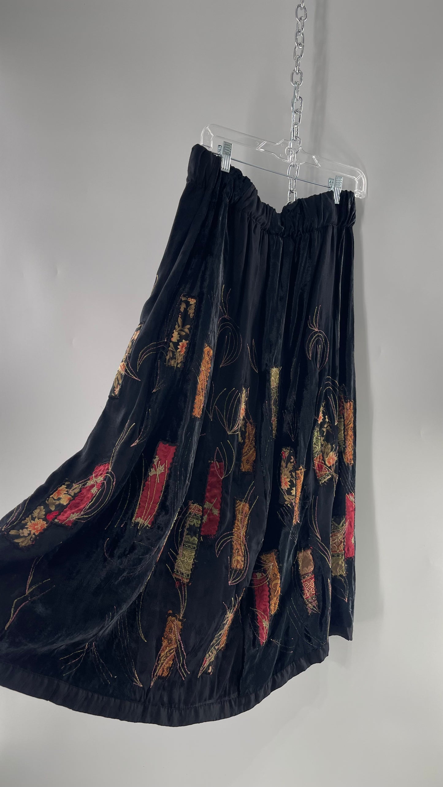 Vintage Black Velvet and Embossed Florals Patchwork Skirt with Metallic Stitch Detailing with Lining and Thick Waistline (M)