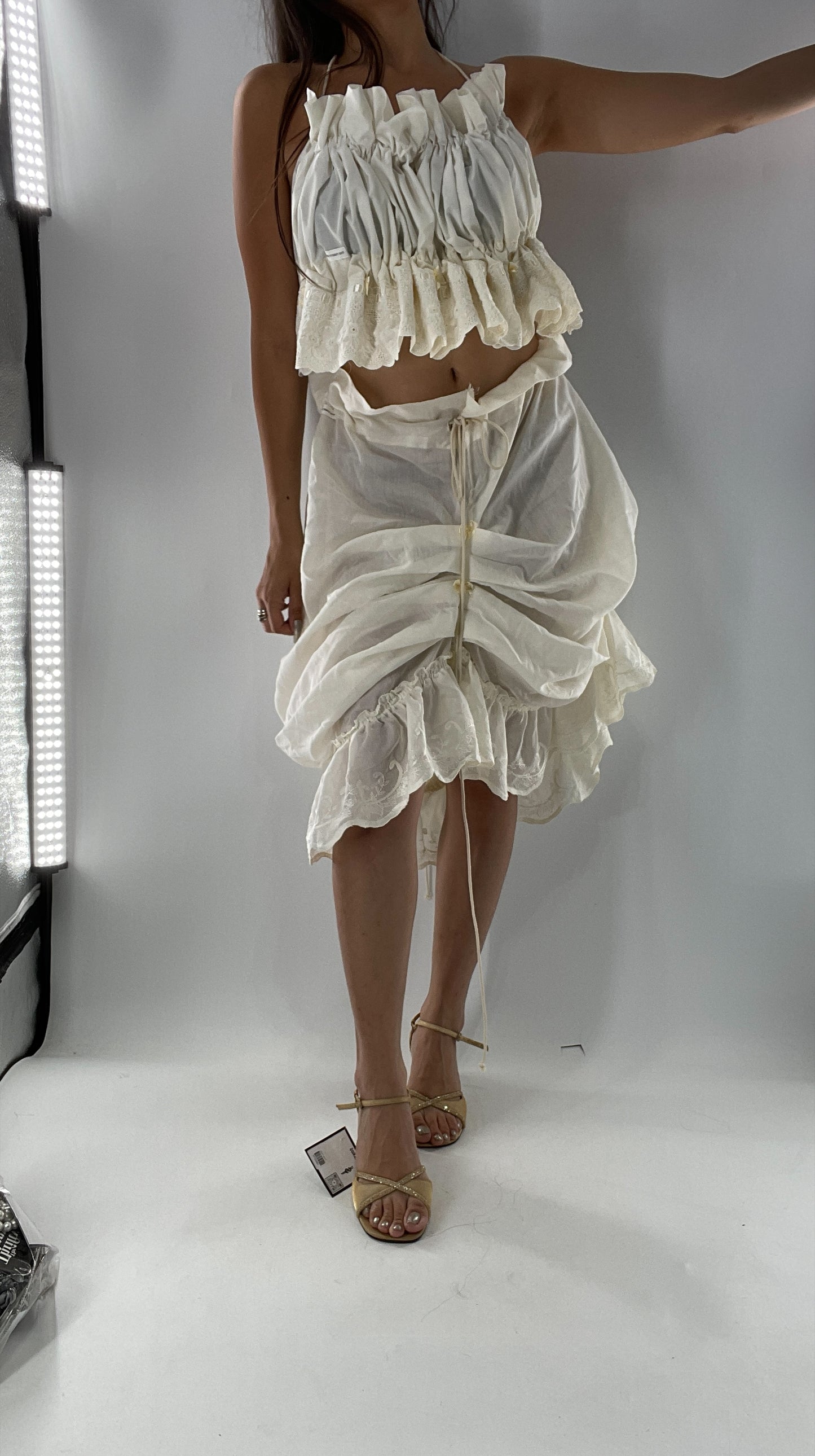 Custom Vintage Cottage Off White Set with Ruched/Scalloped Lace/Backless Top and Draping/Ribbon Skirt (One Size)