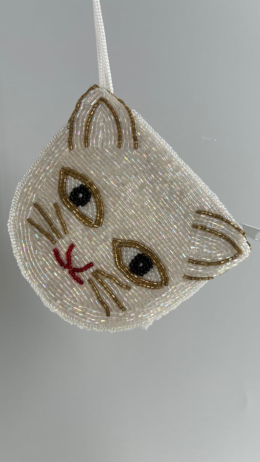 Vintage Beaded White Cat Head Coin Pouch