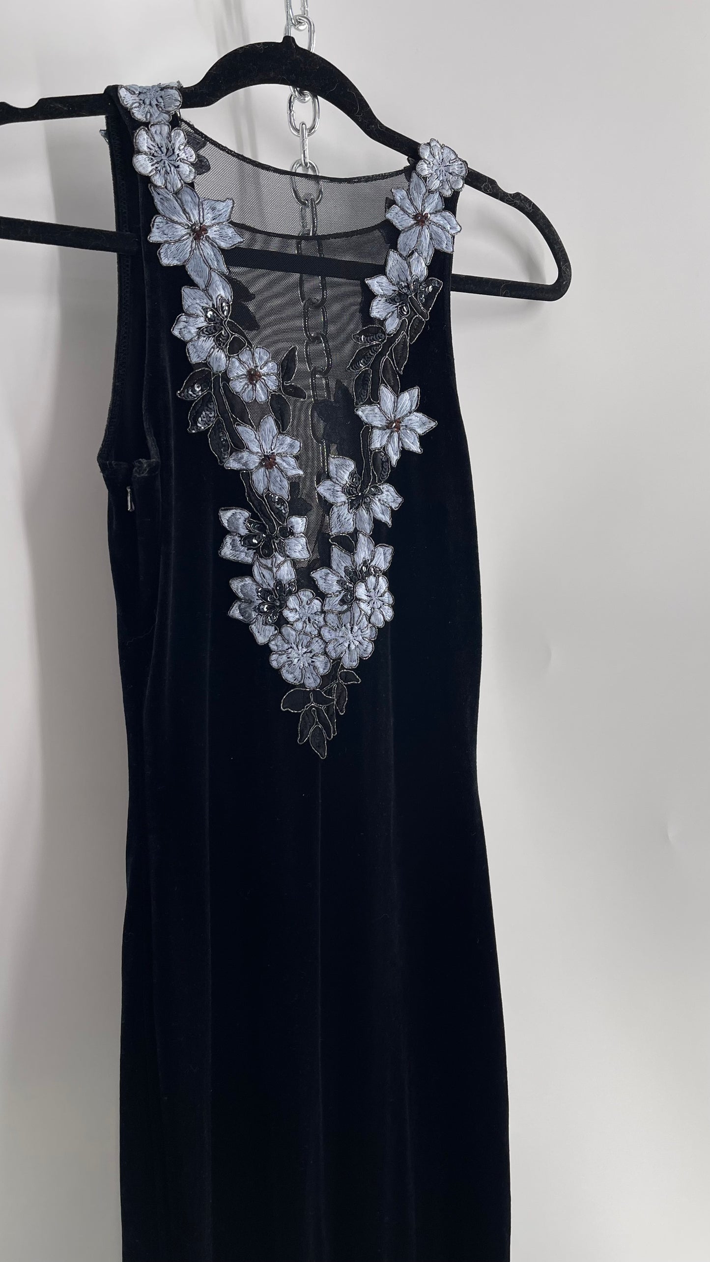 Vintage Jessica McClintock Black Velvet Fit And Flare Gown with Plunging Neckline Covered in Embroidered Beaded Pale Blue Flowers (2)